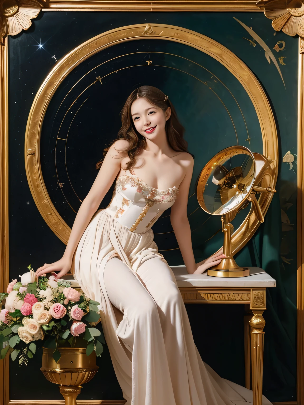 full body portrait or statue、Vigée Leblanc style、math、astronomical machine、astronaut、roses in vase、fruit、Cute trinkets、smile、ancient greek costume、Sandro Botticelli paintings、Clothes that stretch your shoulders、A big smile、expression of ecstasy、sexy、beautiful bare skin、A detailed representation of the seducing woman throughout her body..