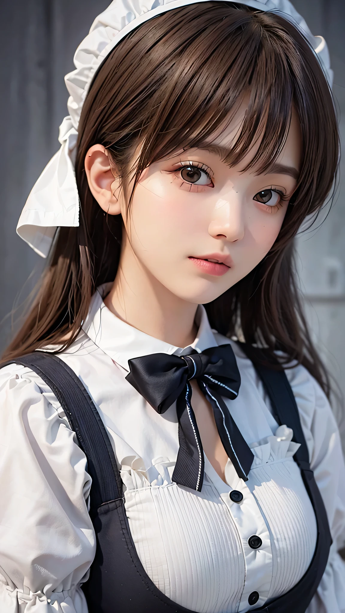 8K, of the highest quality, masutepiece:1.2), (Realistic, Photorealsitic:1.37), of the highest quality, masutepiece, Beautiful young woman、A charming、and an inviting look, Cute Maid Clothes, Hair tied back, Cinematic background, Light skin tone