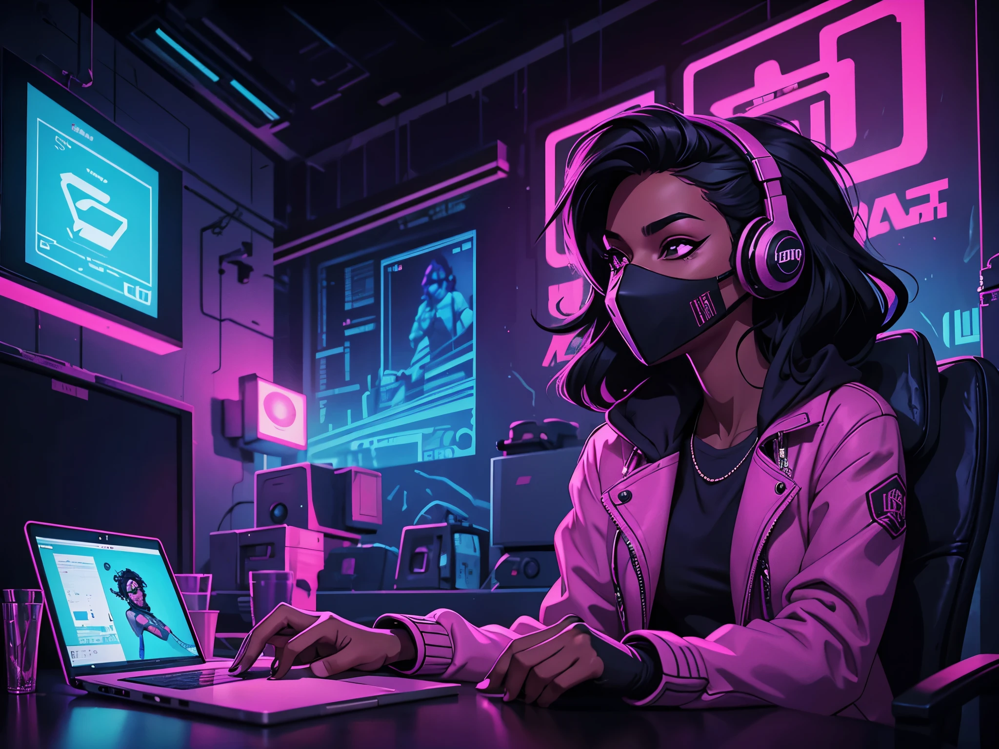 there is a dark-skinned woman sitting at a table with a laptop and headphones, with a mask covering your mouth, com uma touca cobrindo seus cabelos no estilo anonymus, cyberpunk art inspired by Duskwood trends in japan city society, arte digital, relaxe, arte de fundo, estilo de arte lofi, cyberpunk vibes, vaporwave, estilo de arte ]!!, retrato de lofi, [ estilo de arte synthwave neon]!!