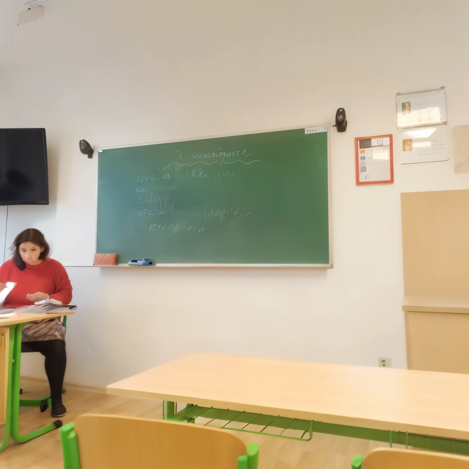 there is a woman sitting at a desk in a classroom, in a classroom, in a school classroom, sitting in the classroom, school classroom, teacher, classroom in background, classroom, full subject shown in photo, photo of a classroom, school class, standing in class, danube school, by Martina Krupičková, classroom background