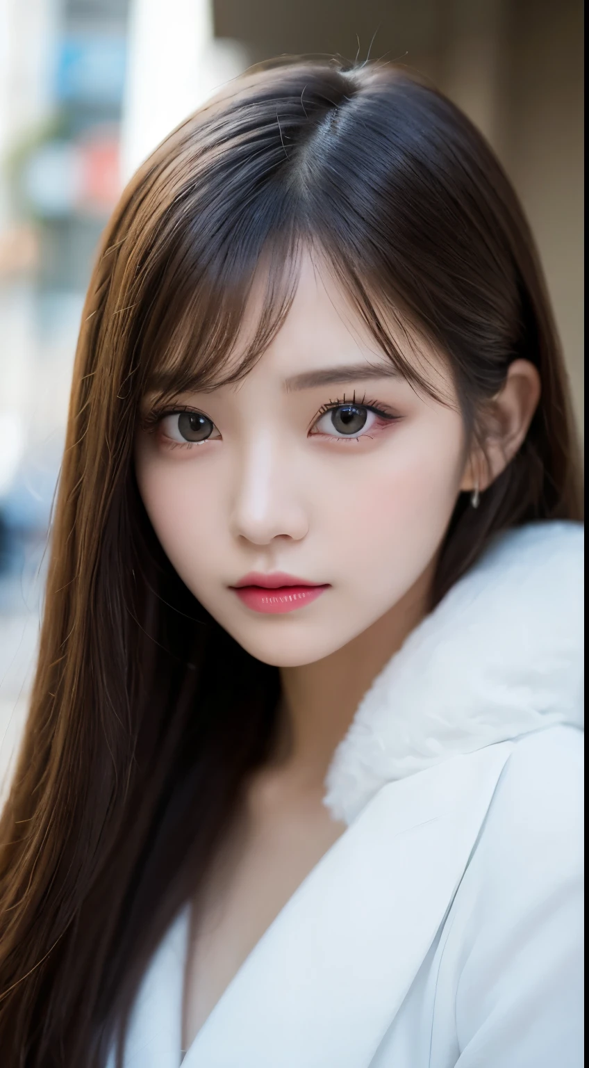 table top, highest quality, shape, Super detailed, finely, High resolution, 8k wallpaper, 完璧なダイナミックな構shape, beautiful and detailed eyes, Gorgeous winter fashion using fur,straight hair,small breasts、natural color lip,20 year old girl、cute、sexy looking at camera,beautiful and detailed face,perfect and beautiful face,KPOP idol face,Japanese idol faces,Elegant face,RAW photo,Big eyes,gal makeup,blur the background