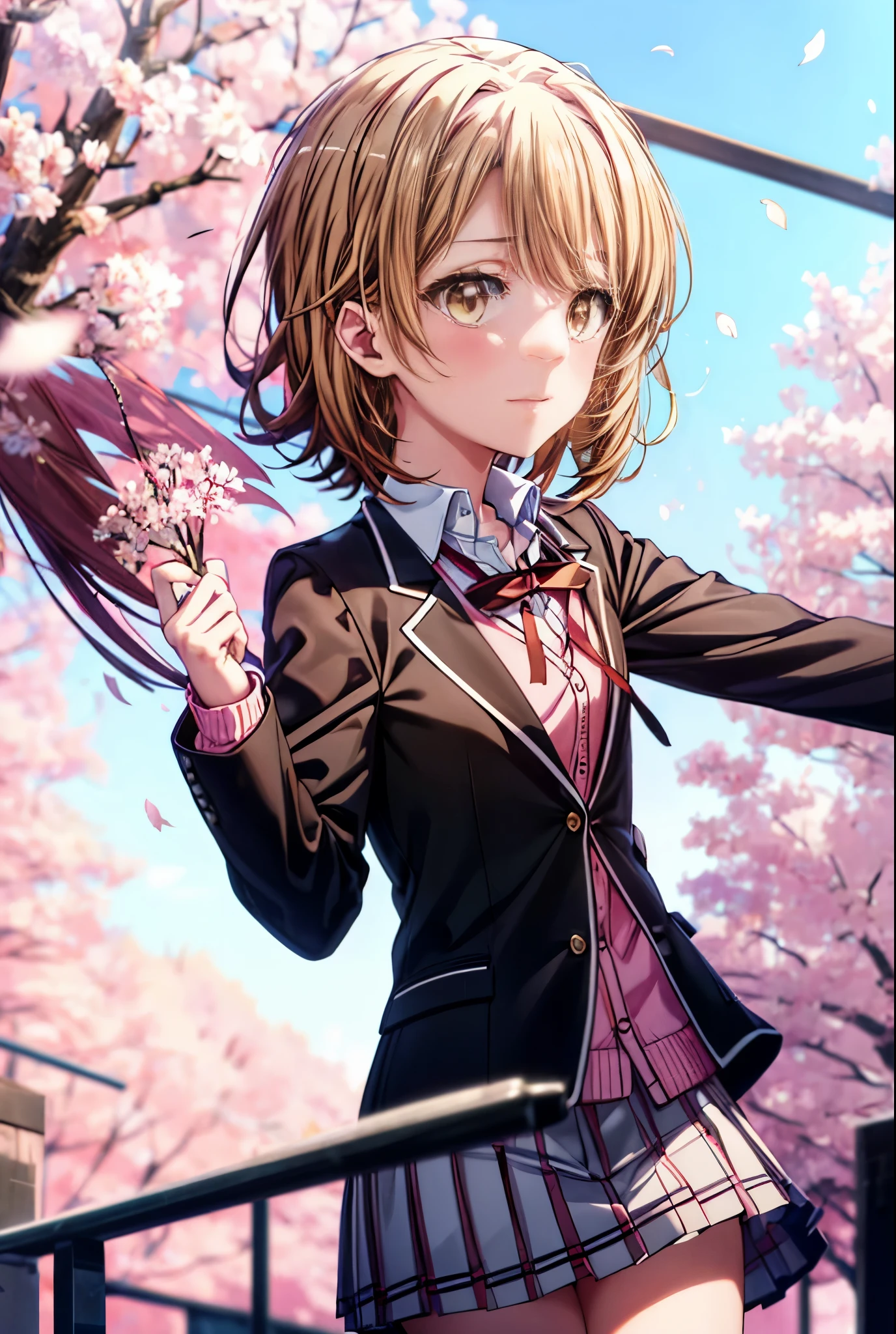 irohaisshiki, iroha isshiki, short hair, brown hair, (brown eyes:1.5), smile,blush,tears run down her face,Keeping your mouth open,Crying with joy,holding a bouquet with both hands,Cherry blossoms are scattered,
break skirt, shirt, ribbon, school uniform, Jacket, white shirt, closed clothes, socks, open Jacket, black Jacket, plaid,, plaid skirt, blazer, cardigan, black socks, pink cardigan, sobu high school uniform,graduation ceremony,brown loafers,
break outdoors, In front of the school Cherry blossom trees,
break looking at viewer,(cowboy shot:1. 5)
break (masterpiece:1.2), highest quality, High resolution, unity 8k wallpaper, (figure:0.8), (detailed and beautiful eyes:1.6), highly detailed face, perfect lighting, Very detailed CG, (perfect hands, perfect anatomy),