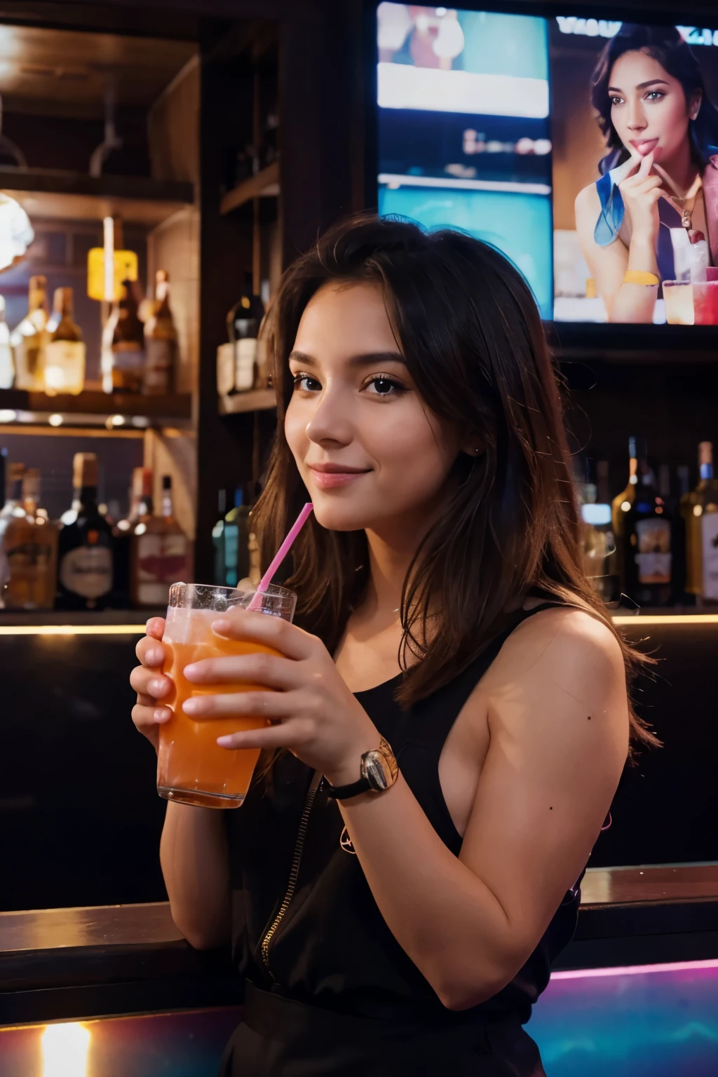 1 girl, age 25, long hair, hispanic, brown eyes, full body, conservative clothing, realistic, with multicultural friends carrying drinks