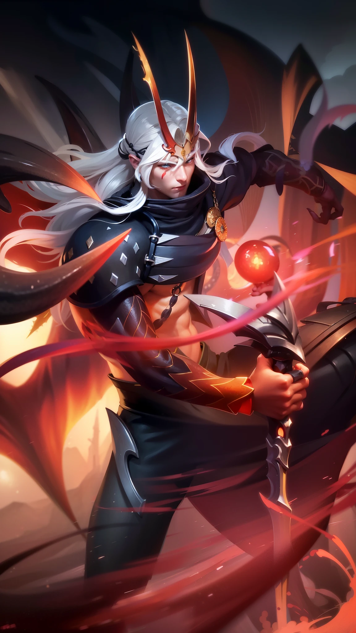 a close up of a person holding a sword and a fire, onmyoji detailed art, onmyoji, mobile wallpaper, beautiful male god of death, heise jinyao, by Yang J, legendary god holding spear, sylas, rossdraws sakimimichan, alucard, onmyoji portrait, keqing from genshin impact, white haired deity, Best quality, masterpiece, detailed skin texture, detailed clothes texture, detailed face, super detail, 8k, intricate detail, 1 boy, The color doesn't change, Muscle guy, 1 guy, red eyes.