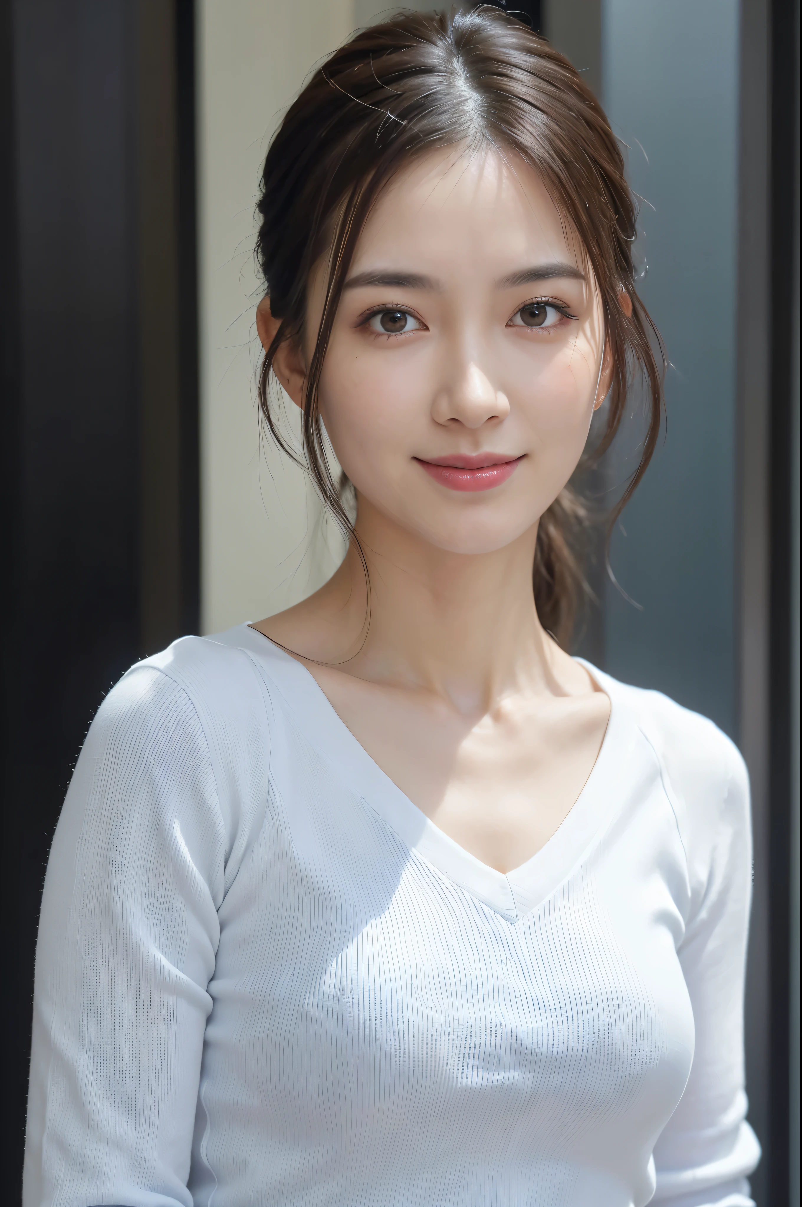 32k，Ultimate quality，super quality，Extremely detailed，Super detailed，Professional photography，Upper body，backlight，ethereal lights，ethereal lights，1 person，36 years old，woman，Smile，looking at camera，focus eyes，Well-proportioned waist，Light blue V-neck knit，((Extremely fine skin details)), ((Extremely meticulous eye detail))