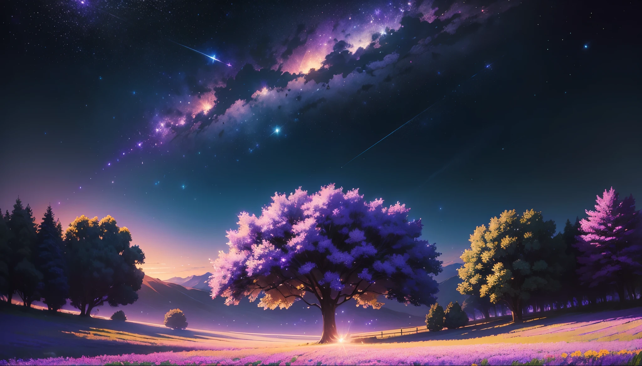 (masterpiece:1.2),(best quality),(8K,HD),(starfield:1.1),(shiny picture),(bright night),(anime scenery),(blue and purple field filled with beautiful flowers), glowing particles in the air, clear sky, fairytale, concept art, illustration, (Studio Ghibli),(inspirational art),(high hopes)