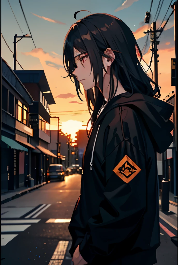 a beautiful boy 、I&#39;m walking with my hands in my hoodie pockets、wearing a black hoodie、black hair、look up at the distant sky、high resolution、Sorrowful、Kaworu Nagisa、red eyes、alone、solo、long hair、sunset、look down、horizontal scroll、A man walking showing his profile