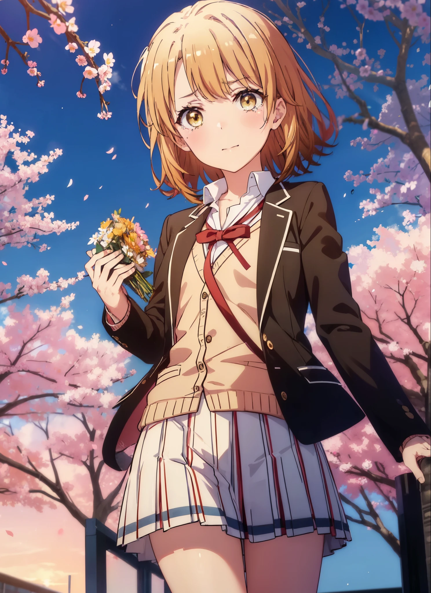 irohaisshiki, iroha isshiki, short hair, brown hair, (brown eyes:1.5), smile,blush,tears run down her face,tears of joy,In his right hand he holds a bouquet of many flowers..,left hand holds barrel,Cherry blossoms are scattered,
break skirt, shirt, ribbon, school uniform, Jacket, white shirt, closed clothes, socks, open Jacket, black Jacket, plaid,, plaid skirt, blazer, cardigan, black socks, pink cardigan, sobu high school uniform,graduation ceremony,brown loafers,
break outdoors, In front of the school Cherry tree,
break looking at viewer,(cowboy shot:1. 5)
break (masterpiece:1.2), highest quality, High resolution, unity 8k wallpaper, (shape:0.8), (fine and beautiful eyes:1.6), highly detailed face, perfect lighting, Very detailed CG, (perfect hands, perfect anatomy),