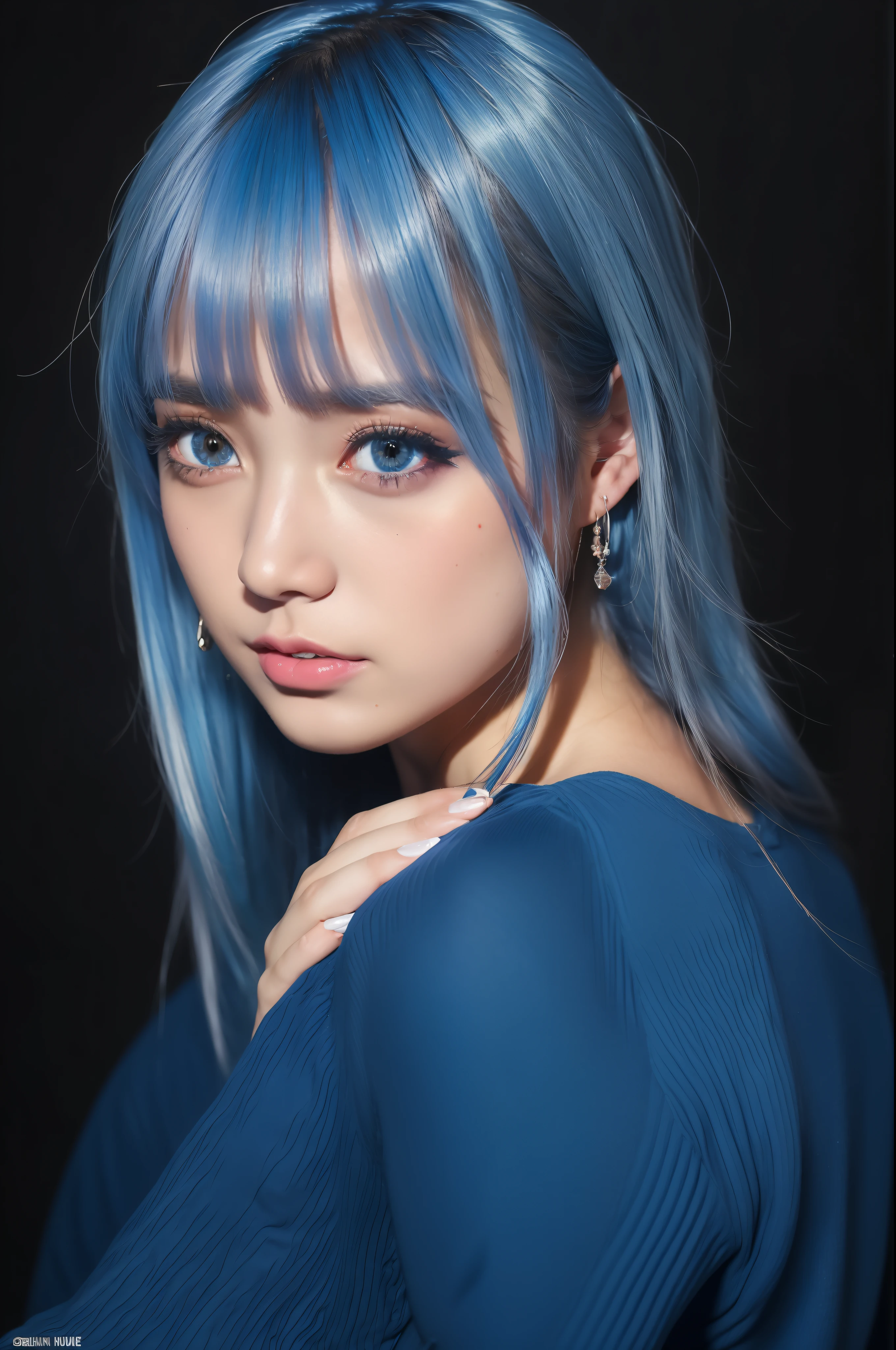 random posture、mix 4、(In 8K、RAW photo、highest quality、masterpiece:1.2)、inner mesh, blue hair, , Japanese band gal style, Beautiful blue hair girl, flowing blue hair, rich blue color, Please sing as hard as you can、（background live house）one girl、professional lighting、（masterpiece）、（Detailed CG）highest qualityの写真, High resolution, 1080p, (clean face), (Detailed facial description), (detailed description of handasterpiece）、（Detailed CG）、extreme light and shadow、messy hair、master&#39;s work、Rich details、（detailed facial features）、（highest qualityの写真）、（masterpiece）、（detailed eye）、look in front of you、from behind,（Bright studio on background）