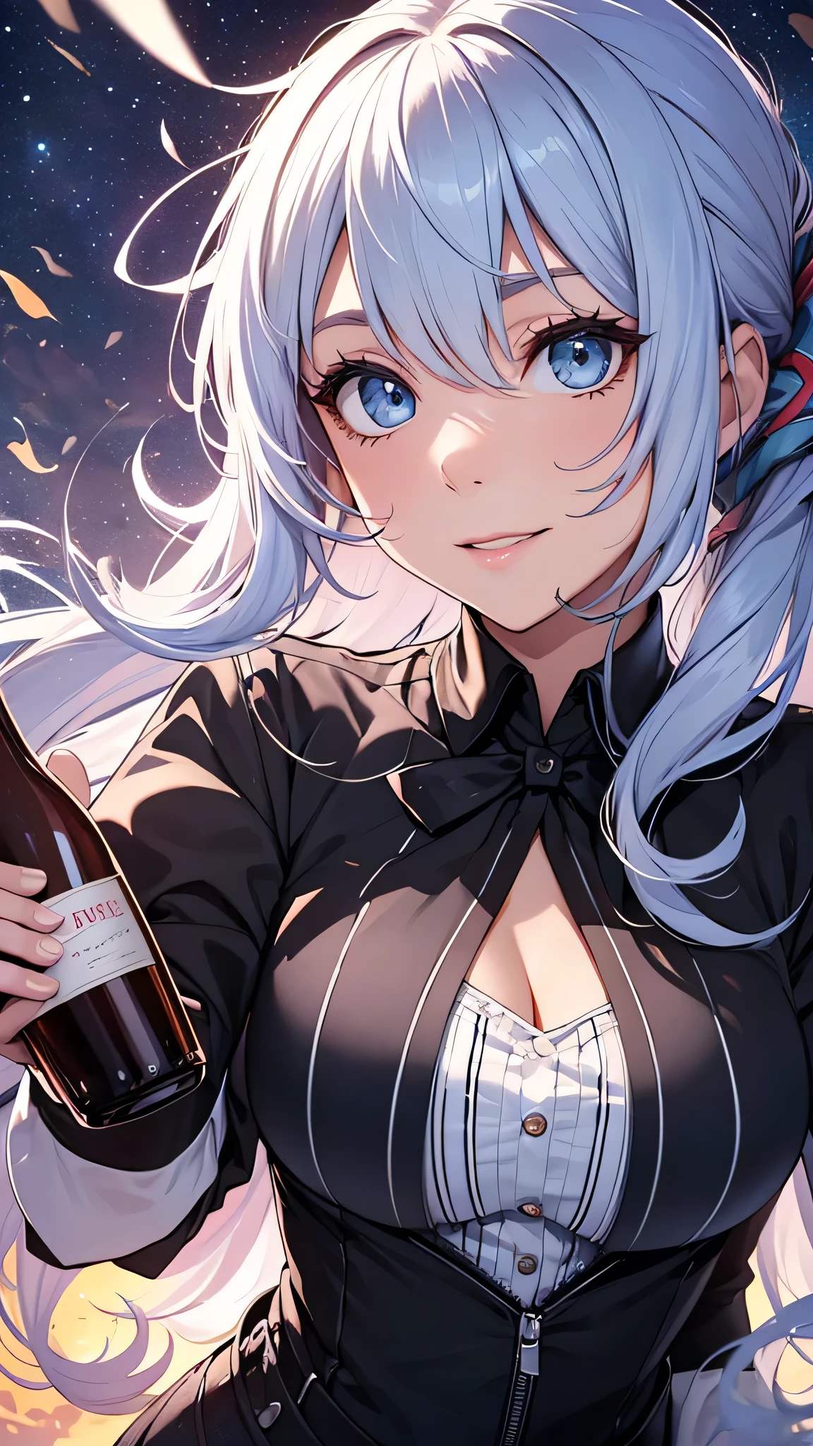 最high quality、best image quality、masterpiece、teenage girl((20-year-old、 By becoming、vest bust、medium bust,wide open breast tea、shining eyes, light blue hair、long hair、thin,highest valley、ponytail、black Y-shirt、mini skirt、holding a wine bottle、smile、black gloves、Flight)),high quality、beautiful art、background((night sky))、Flight、debris flies、Depth of written boundary、movie、visual art、perfect art、8k,genuine、