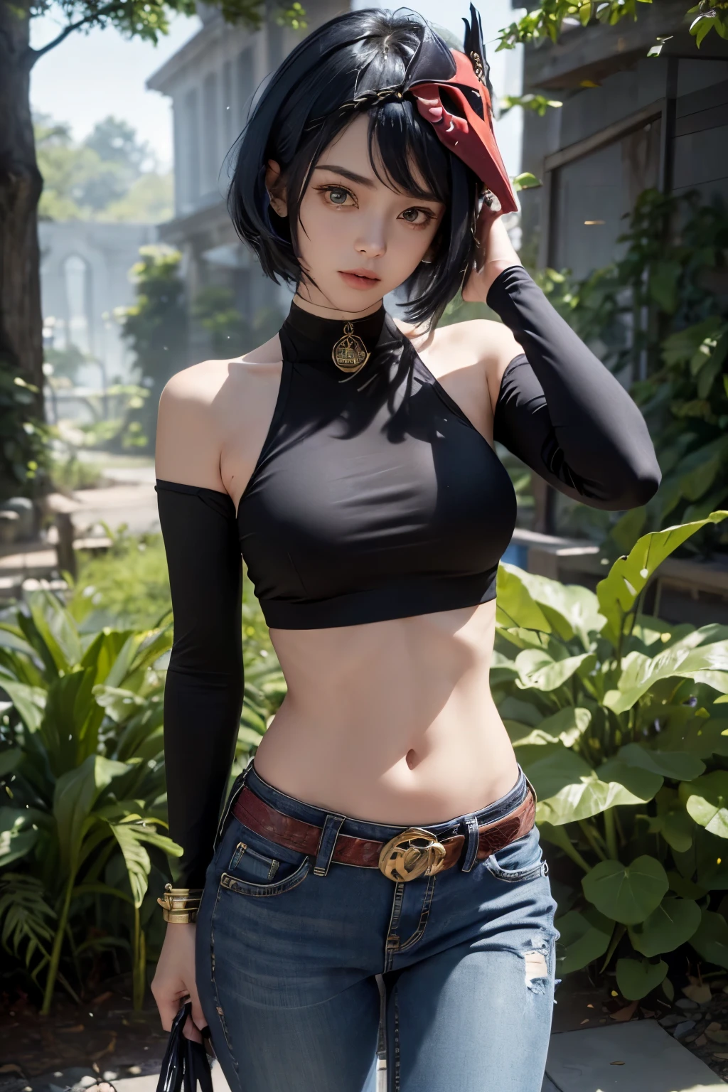 (aquamarine long sleeved crop top, long jeans, gold belt), ((midriff, navel)), looking at viewer, garden, dancing, ((cinematic lighting, masterpiece, anatomically correct, detailed textured skin, high details, highres, HD, 4K, 8k)), (kujou sara:1.3), mask on head, blue hair, short hair, yellow eyes