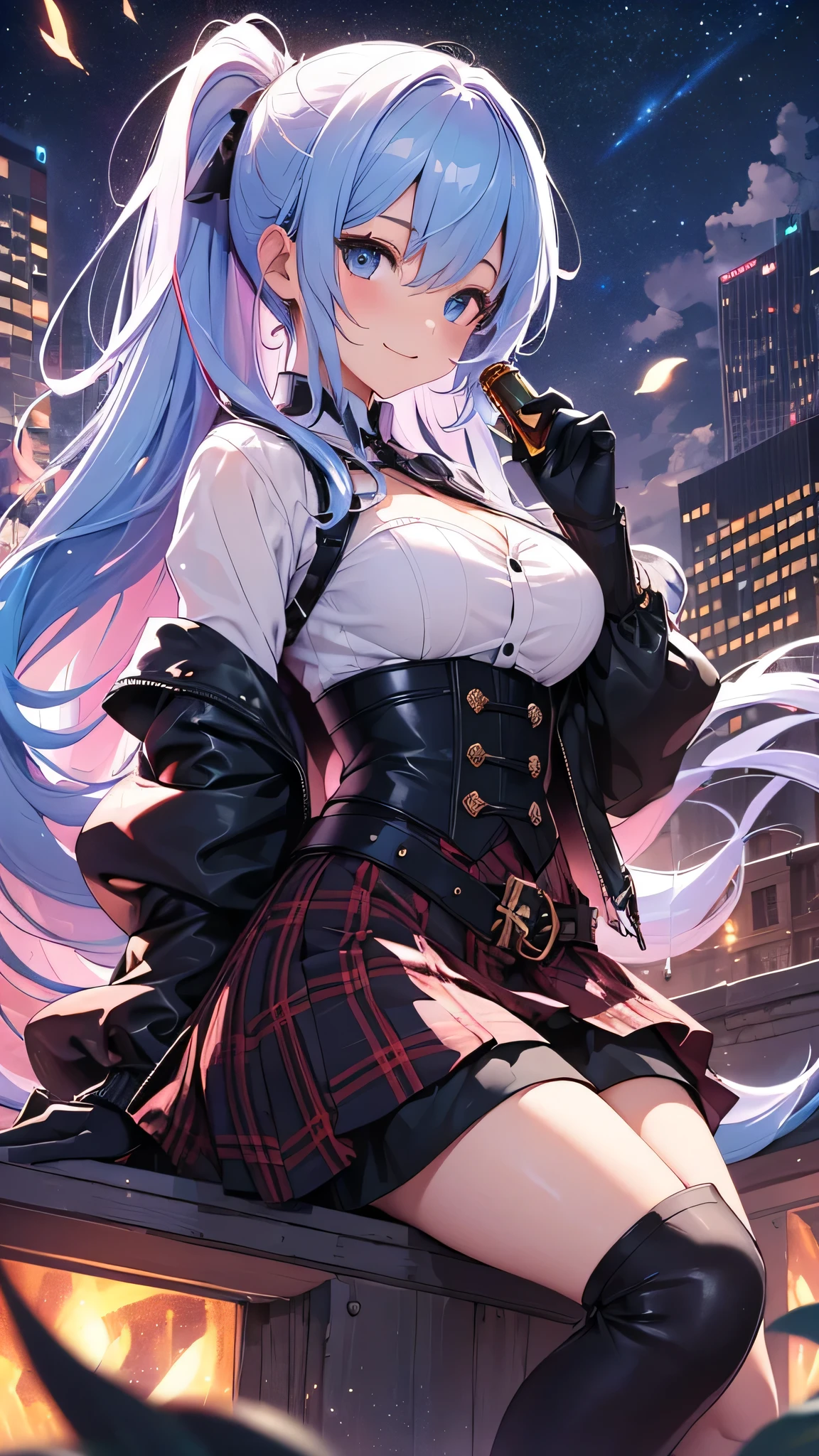 最high quality、best image quality、masterpiece、age girl((20-year-old、 By becoming、vest bust、medium bust,wide open breast tea、shining eyes, light blue hair、long hair、thin,highest valley、ponytail、black Y-shirt、mini skirt、holding a wine bottle、smile、black gloves、Flight)),high quality、beautiful art、background((night sky))、Flight、debris flies、Depth of written boundary、movie、visual art、perfect art、8k,genuine、