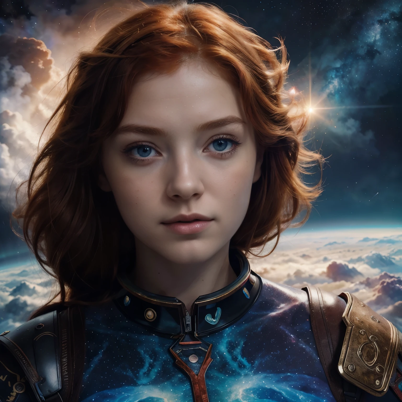 (masterpiece), best quality, expressive eyes, breathtaking illustration of fantastic shot of beautiful red-haired girl with a cat in the sky , Nebulous RGB Horizons: Gaze upon the vast expanse of RGB-hued nebulae, stretching across the cosmic horizons, creating a mesmerizing vista that ignites the imagination , (illustration:1.3), masterpiece, breathtaking illustration