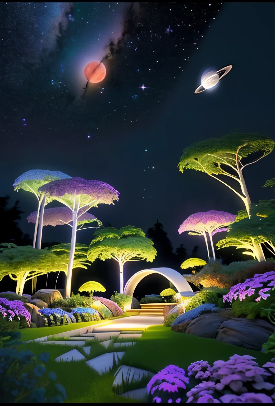 Space garden - with stars and planets in the background、Draw a fantastic garden floating in outer space。In this garden、Cosmic plants and flowers that emit light、There are transparent butterflies etc.。