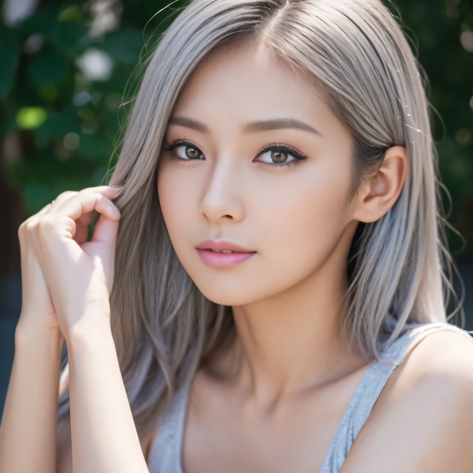 (((best image quality、highest quality、At 32K、ticker、RAW photo、very clear image、very clear image quality、realistic、ultra high resolution、))),(pin light、Backlight、Backlight、cinematic light)、(hyper detail、small details)、1 girl、Shiny platinum hair、sad expression、glowing skin、((Super realistic details、silver hair、smooth hair))、long and beautiful eyelashes。Transparent throughout makeup、There is a pink touch and sparkling lip gloss on the cheeks。Hairstyle is medium hair with wavy waves。random sexy pose,random situation、big and full breasts、cleavage、laughter、Moyamoya feeling、nature、bright sunlight、21 years old、(droopy eyes 1.5)、Adult beauty、nature、Japanese、(((wearing a stylish black bikini)))、small earrings、(((Stooping posture 1.3、camera low angle 1.5、Angle 1 from bottom.5、look at the camera、like looking into a camera、)))