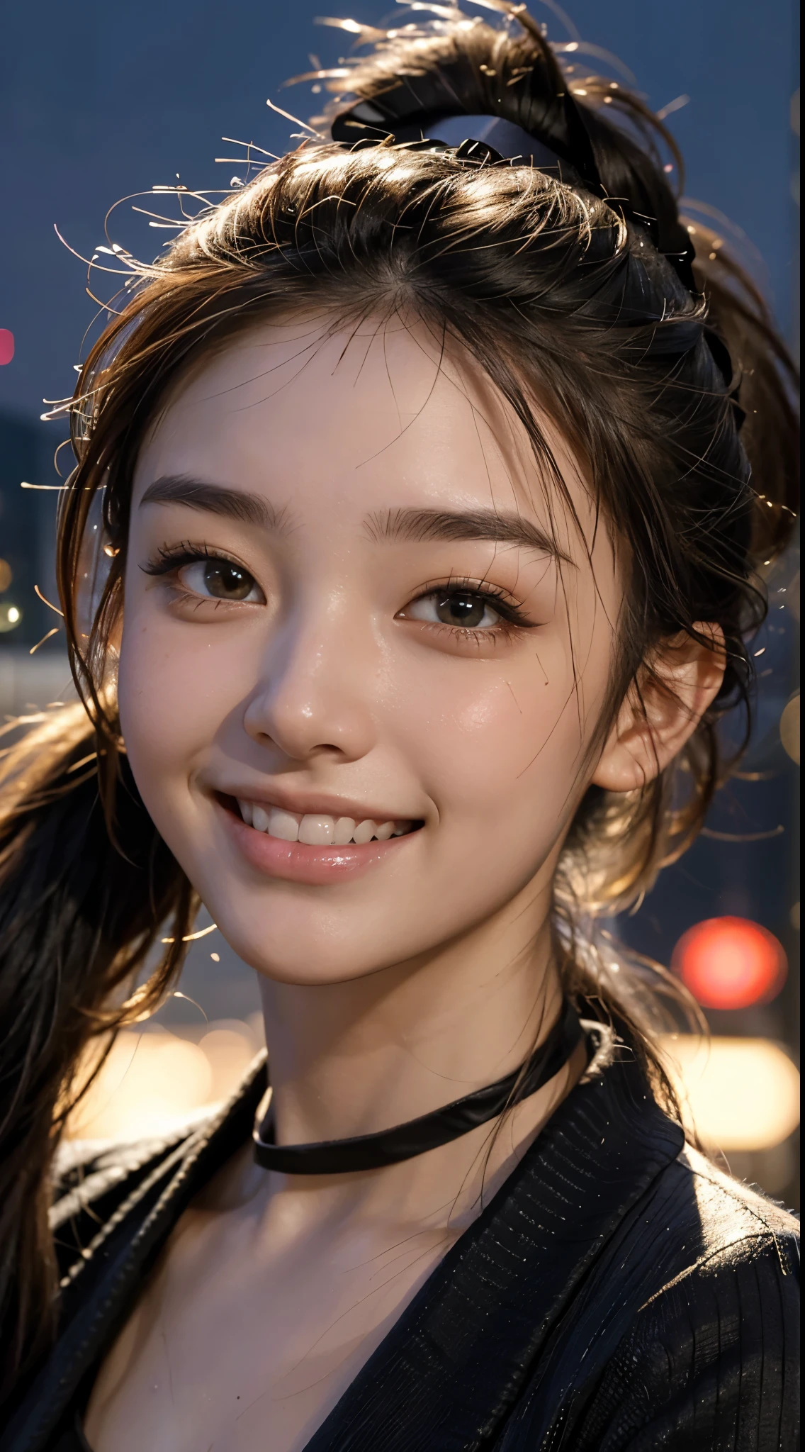 1 girl, 18-year-old,tokyo street,night, cityscape,city lights,ruddy complexion, ((face close up:1.5)),((smiling showing teeth)),((Ponytail and Hair Tie))close, 8k, RAW photo, highest quality, masterpiece,realistic, photo-realistic,HI contrast,