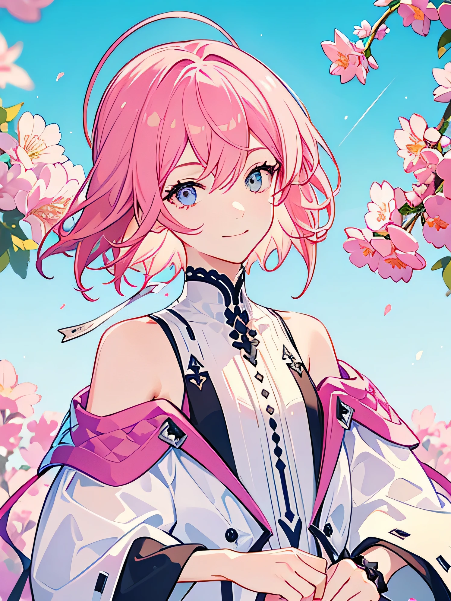 ((masterpiece, Super detailed, high quality, eye details, sparkling eyes)), two people, brother and sister take a photo together, ((My brother&#39;s height is 178 cm., pink hair, short hair down in front, habitually scatter, pink and purple eyes, neutral face, flat chest, nice, No expression, clear eyey sister&#39;s height is 163 cm, pink hair, short hair down in front, fluffy, Light blue and pink eyes, smile)).
