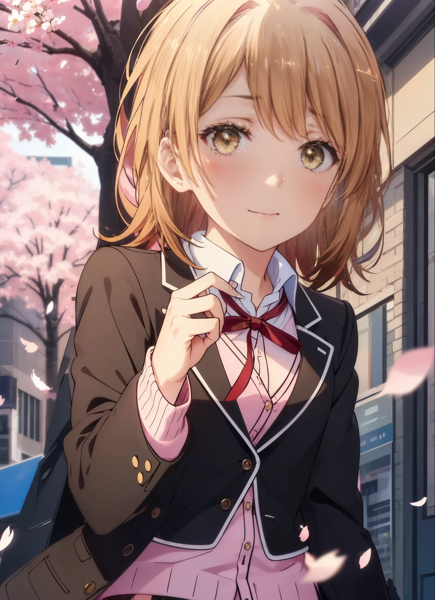 irohaisshiki, iroha isshiki, short hair, brown hair, (brown eyes:1.5), smile,blush,tears run down her face,tears of joy,In his right hand he holds a bouquet of many flowers..,left hand holds barrel,Cherry blossoms are scattered,
break skirt, shirt, ribbon, school uniform, Jacket, white shirt, closed clothes, socks, open Jacket, black Jacket, plaid,, plaid skirt, blazer, cardigan, black socks, pink cardigan, sobu high school uniform,graduation ceremony,brown loafers,
break outdoors, Cherry blossom trees,
break looking at viewer,whole body,Upper body,(cowboy shot:1. 5)
break (masterpiece:1.2), highest quality, High resolution, unity 8k wallpaper, (shape:0.8), (fine and beautiful eyes:1.6), highly detailed face, perfect lighting, Very detailed CG, (perfect hands, perfect anatomy),