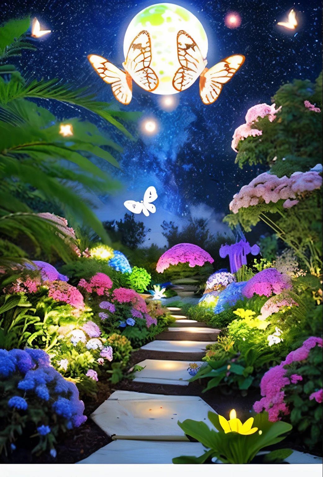 Space garden - with stars and planets in the background、Draw a fantastic garden floating in space。in this garden、Space plants and flowers that emit light々、There are also transparent butterflies..。