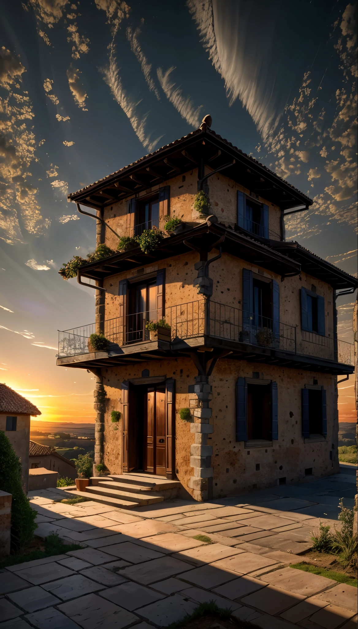 highres, imagination, (realistic), clear skies, composition, sunset, (hdr:1.5), outdoors, intricate details, house Italian