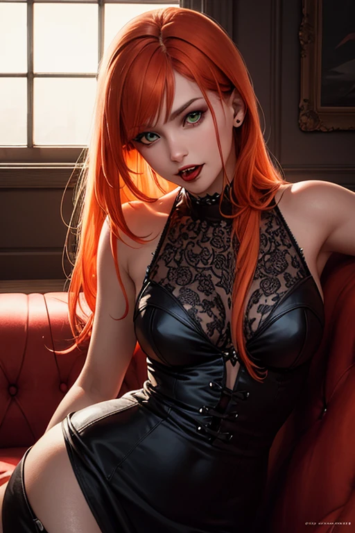 one evil vampiress with sharp fangs, translucent sundress , longest orange hair, green eyes, on a sofa, realistic lighting, camera raw, photorealistic, realistic image, realistic detail, detailed body, detailed face
