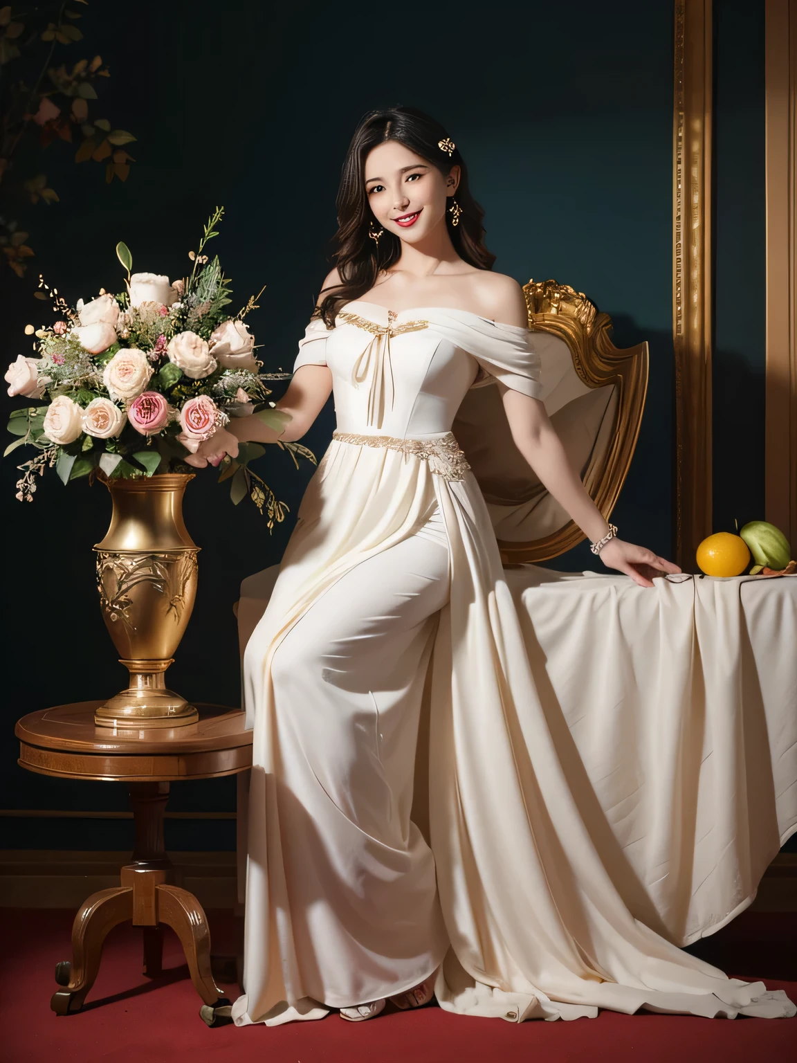 full body portrait or statue、Vigée Leblanc style、math、astronomical machine、astronaut、roses in vase、fruit、Cute trinkets、smile、ancient greek costume、Sandro Botticelli paintings、Clothes that stretch your shoulders、A big smile、expression of ecstasy、sexy、beautiful bare skin、A detailed representation of the seducing woman throughout her body..