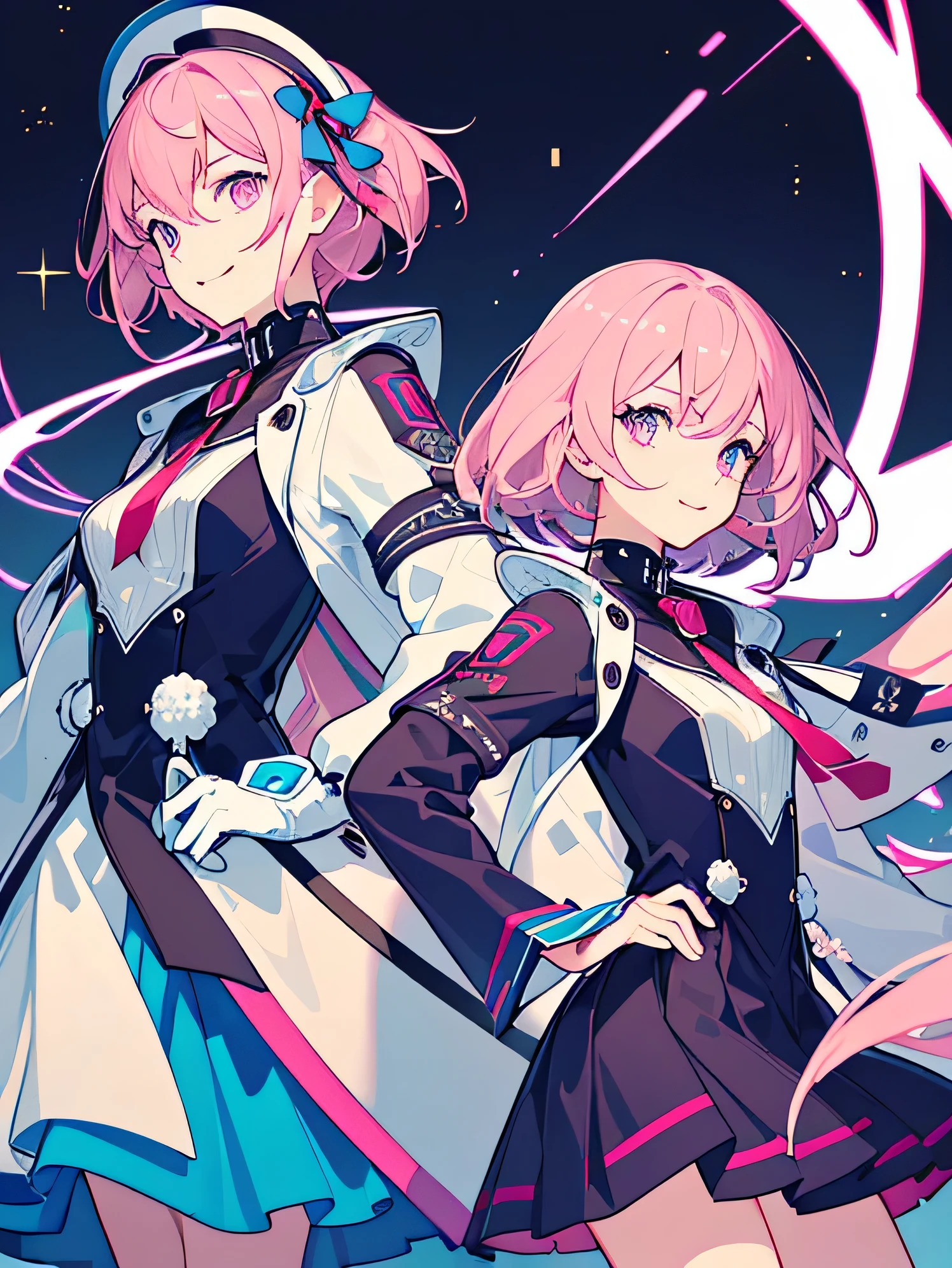 ((masterpiece, Super detailed, high quality, eye details, sparkling eyes)), two people, brother and sister take a photo together, ((My brother's height is 178 cm., pink hair, short hair down in front, habitually scatter, pink and purple eyes, neutral face, flat chest, nice, No expression, clear eyey sister's height is 163 cm, pink hair, short hair down in front, fluffy, Light blue and pink eyes, smile)).