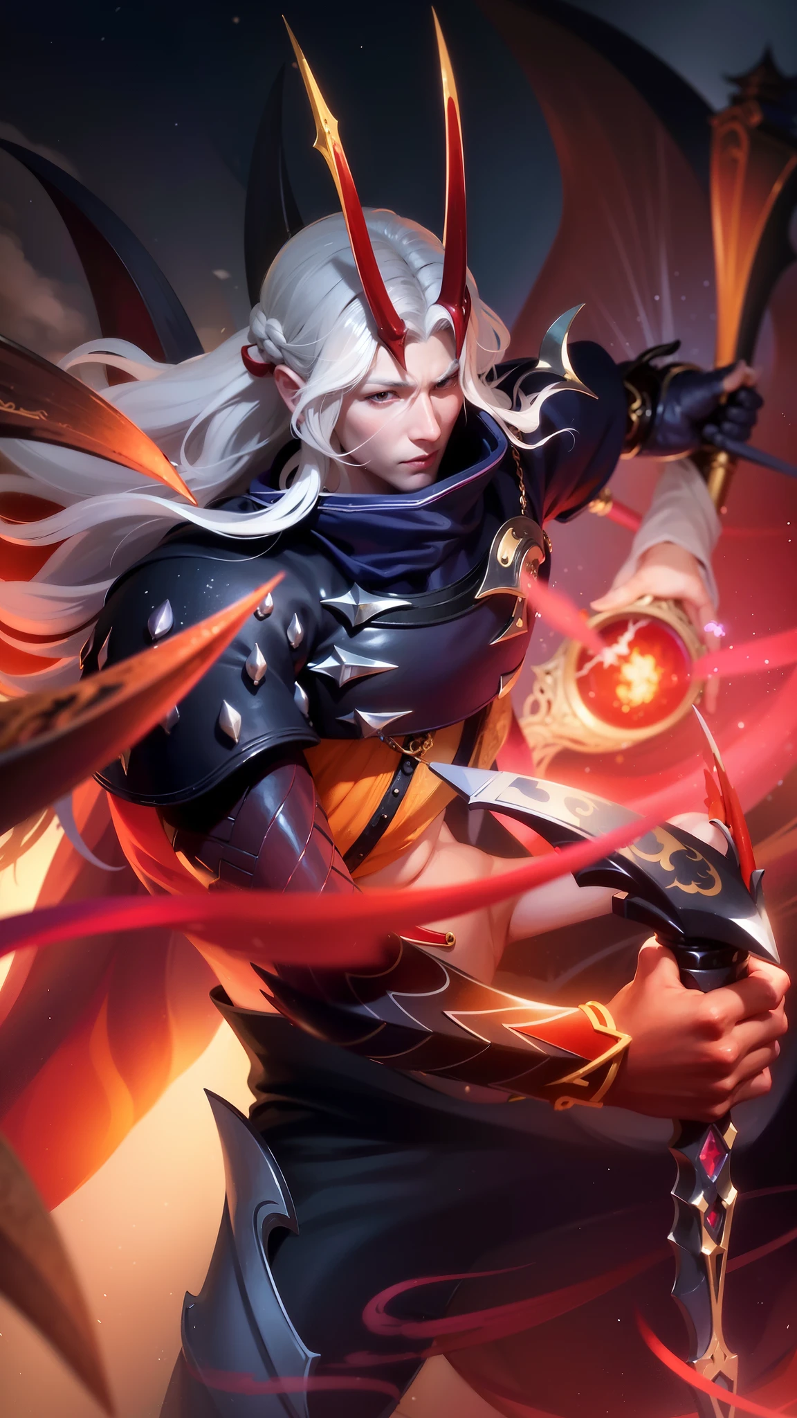 a close up of a person holding a sword and a fire, onmyoji detailed art, onmyoji, heise jinyao, astri lohne, male vampire of clan banu haqim, legendary god holding spear, sylas, splash art, by Yang J, onmyoji portrait, alucard, featured art, beautiful male god of death.