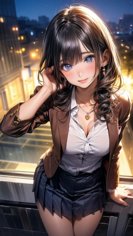 (masterpiece: 1.3), (max resolution: 1.2), (Ultra HDTV: 1.2), cinema lite, Ultra HDTV, (Detailed eyes and skin), (detailed facial features), 8K resolution, Sharp Focus: 1.2, Perfect Style, Beautiful Face, accurate, Anatomically correct, Highly detailed face and skin texture, Detailed eyes, Dark-blue eyes, Double eyelids, Thin eyebrows, dropping eyes, (Glitter Eyeliner:1.2), Natural cheeks, Glossy skin, (Fair skin:1.2), shiny necklace and earrings, (Glossy lips: 1.4), break, One-person viewpoint, (she is high school Student), (Wearing a Button up shirt, blazer, Pleated hy smile:1.2), ((Innocent and very cute girl:1.3)), (Layered hairstyle, Wavy Hair), (Dark brown hair:1.2), Medium Long Hair, (Full body shot: 1.2), Focus on Face, medium large breasts, ((sexy pose on Instagram:1.2)), ((In the School Rooftop at night)),