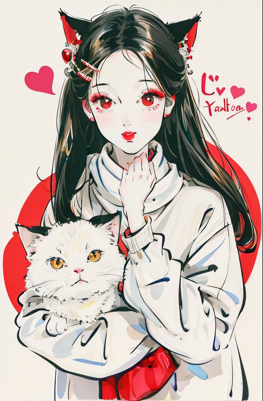 1 girl, black eye, black haired, closed mouth, グレーのsweater, hair ornaments, Valletta, heart, lips, lipstick, look at the audience, compensate, portrait, red lips, simple background, sleeves cover wrists, laughter, alone, sweater, white background,(masterpiece:1.4),(best image quality:1.4),(glowing skin),chic style、Charm、Cat ear