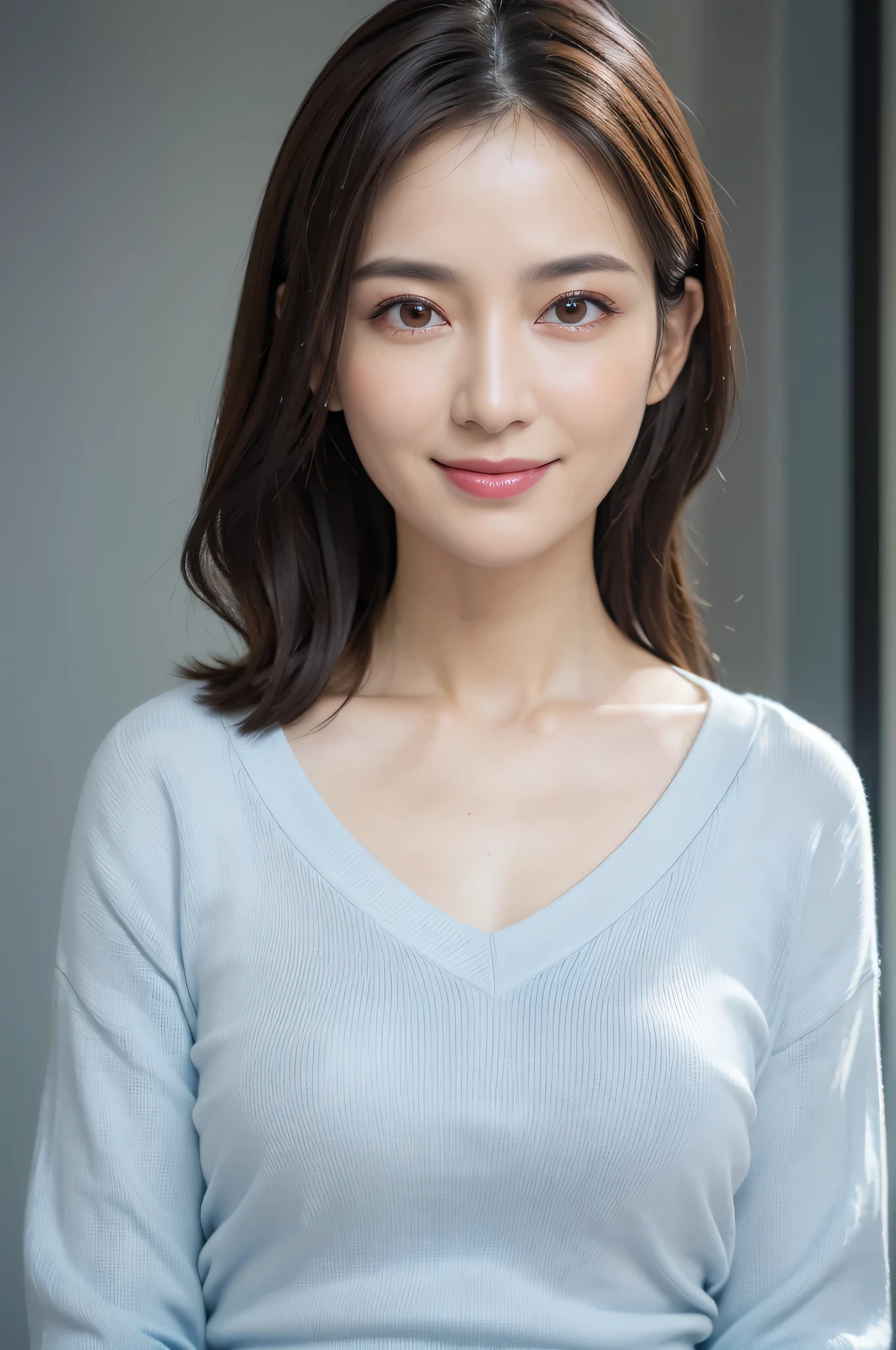 32k,Ultimate quality,super quality,Extremely detailed,Super detailed,Professional photography,Upper body,backlight,ethereal lights,ethereal lights,1 person,36 years old,woman,Smile,looking at camera,focus eyes,Well-proportioned waist,Light blue V-neck knit,((Extremely fine skin details)), ((Extremely meticulous eye detail))