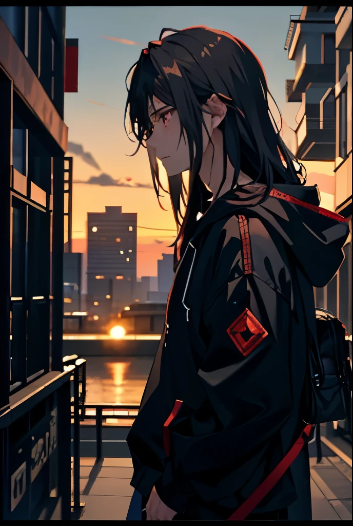 a beautiful boy 、I&#39;m walking with my hands in my hoodie pockets、wearing a black hoodie、black hair、look up at the distant sky、high resolution、Sorrowful、Kaworu Nagisa、red eyes、alone、solo、long hair、sunset、look down、horizontal scroll、A man walking showing his profile