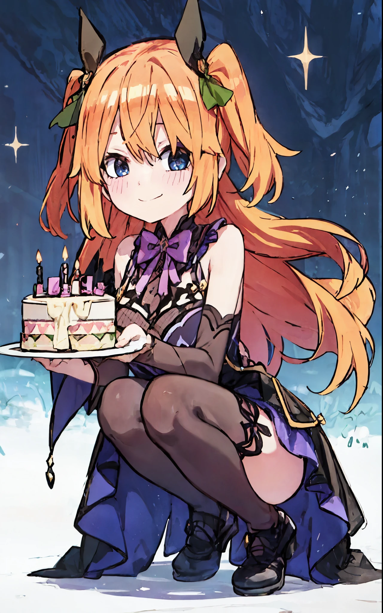Yotsuba Nakano dressed up as Fischl from genshin, Yotsuba holding a birthday cake, Fischl dress, orange bob hair, sparkling blue eyes, happy smile, laugh, sweet face, tender, lovely, 4k, perfect quality, excellent fusion, excellent character design, orange hair, two sections hair are tied into side twin tails, shoulder length orange hair, green ribbons, The rest of hair is left loose, black eyepatch, sleeveless black lace dress-like leotard, black lace collar, purple bow tie, crosses stitched in, black and violet tailcoats, bright colors, pastel coloured image, vivid colours, light colours, simple background, magic hill background, splendid nature, natural light, daylight, full body, full shot, dinamic pose, holding birthday cake in her hands, SHOULDER LENGTH HAIR,, extremely detailed, clean lineart, neat, happy eyes, happy face, laughing
