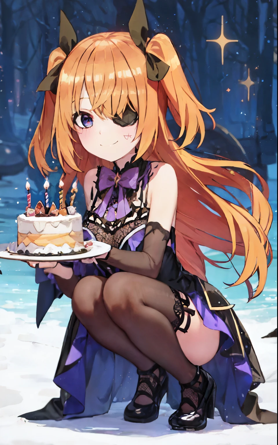 Yotsuba Nakano dressed up as Fischl from genshin, Yotsuba holding a birthday cake, Fischl dress, orange bob hair, sparkling blue eyes, happy smile, laugh, sweet face, tender, lovely, 4k, perfect quality, excellent fusion, excellent character design, orange hair, two sections hair are tied into side twin tails, shoulder length orange hair, green ribbons, The rest of hair is left loose, black eyepatch, sleeveless black lace dress-like leotard, black lace collar, purple bow tie, crosses stitched in, black and violet tailcoats, bright colors, pastel coloured image, vivid colours, light colours, simple background, magic hill background, splendid nature, natural light, daylight, full body, full shot, dinamic pose, holding birthday cake in her hands, SHOULDER LENGTH HAIR,, extremely detailed, clean lineart, neat, happy eyes, happy face, laughing
