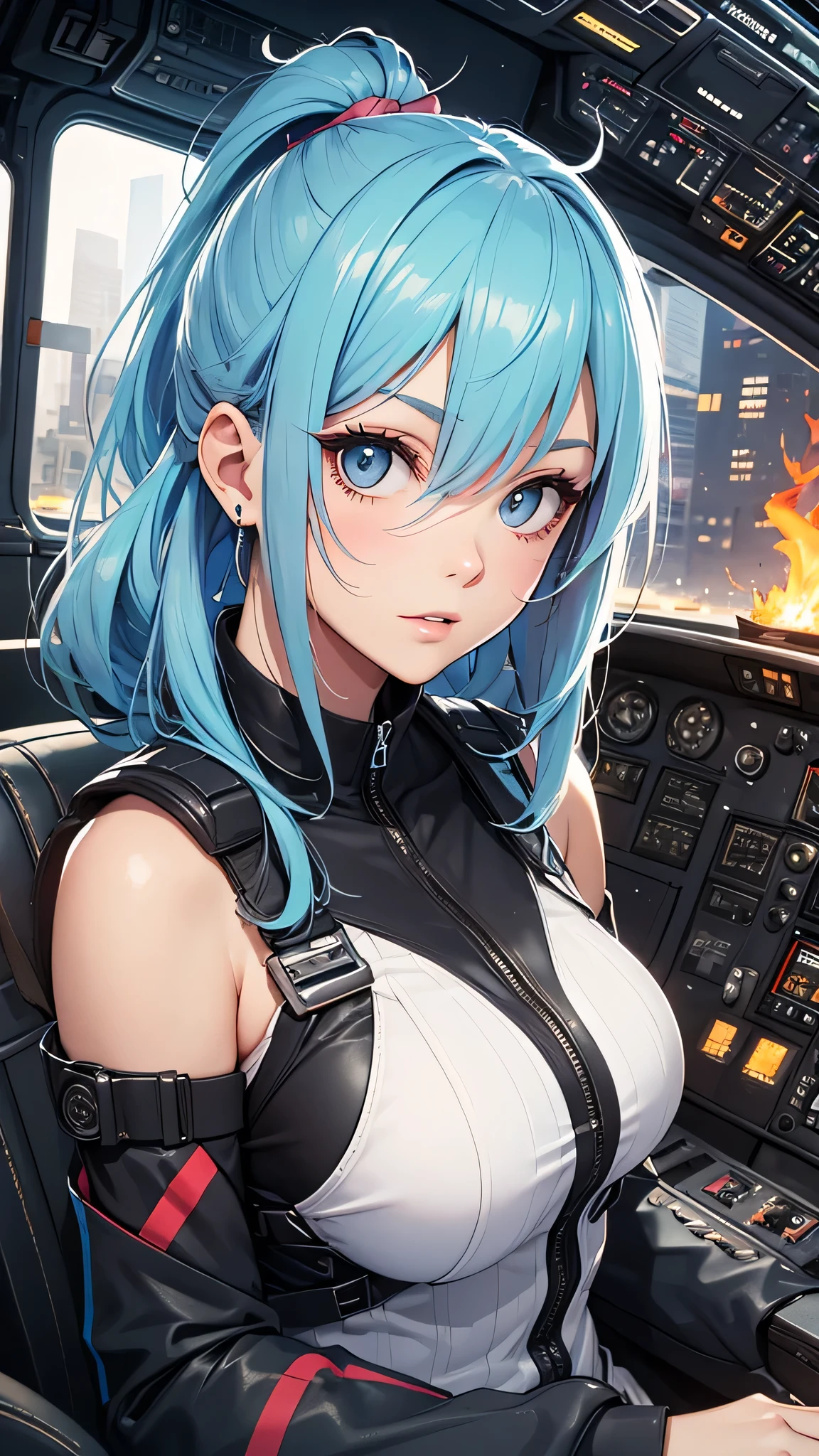 最high quality、best image quality、masterpiece、teenage girl((20-year-old、 By becoming、vest bust、medium bust,wide open breast tea、shining eyes, light blue hair、long hair、thin,highest valley、ponytail、black pilot suit、panicked face)),high quality、beautiful art、background((Inside the cockpit、spark、up in flames))、Flight、debris flies、Depth of written boundary、movie、visual art、perfect art、8k,genuine、