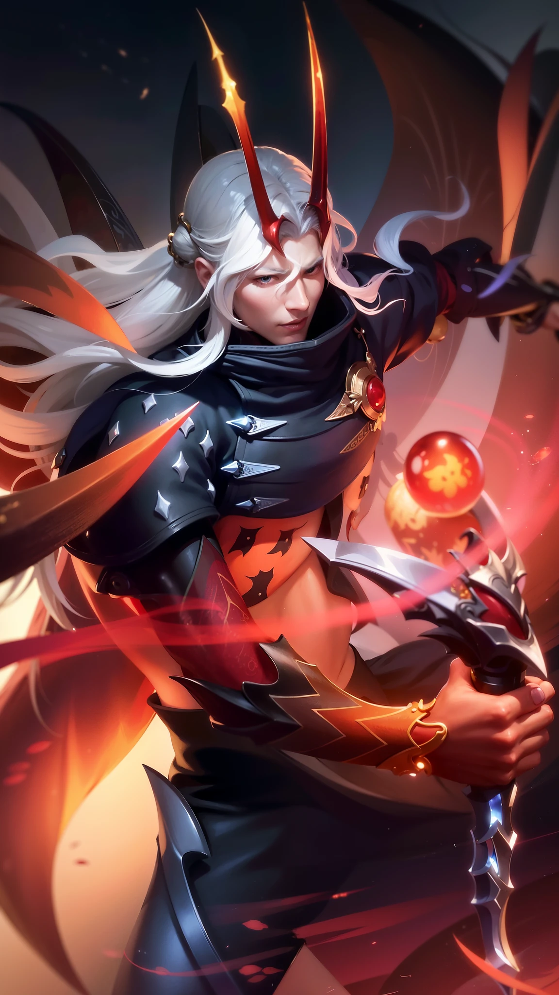 a close up of a person holding a sword and a fire, onmyoji detailed art, onmyoji, heise jinyao, astri lohne, male vampire of clan banu haqim, legendary god holding spear, sylas, splash art, by Yang J, onmyoji portrait, alucard, featured art, beautiful male god of death.