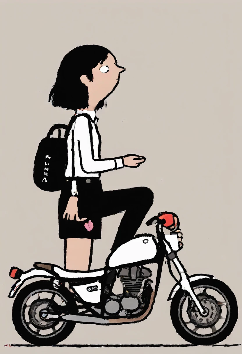 Graffiti Comic, masterpiece, Best quality cute doodles, 1 girl, ground vehicle, 背Bag, motorcycle, shorts, open mouth, have, black shorts, shoe, Bag, hair accessories, shirt, hairpin, alone, blush, white shirt, long sleeves, red eyes, 运动shoe, short hair, black hair, brown hair