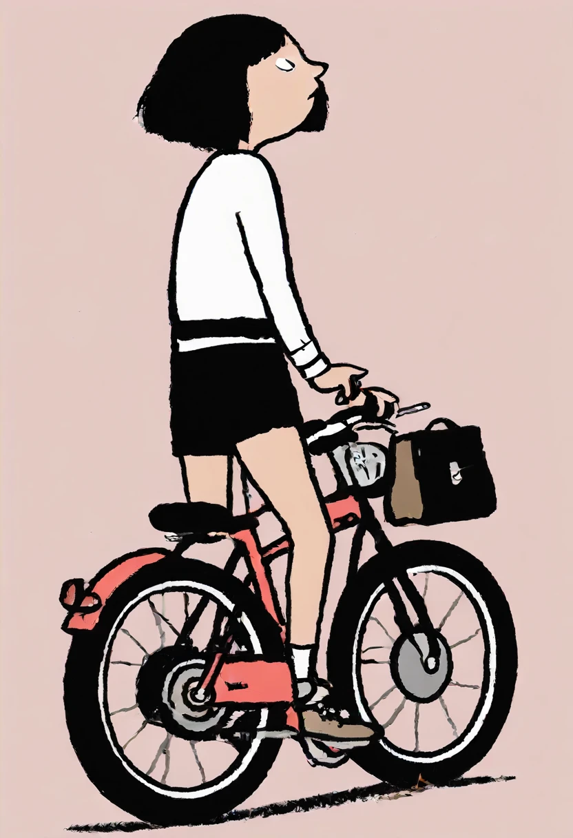 Graffiti Comic, masterpiece, Best quality cute doodles, 1 girl, ground vehicle, 背Bag, motorcycle, shorts, open mouth, have, black shorts, shoe, Bag, hair accessories, shirt, hairpin, alone, blush, white shirt, long sleeves, red eyes, 运动shoe, short hair, black hair, brown hair