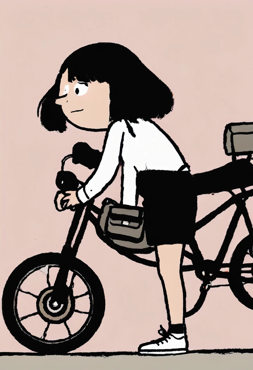Graffiti Comic, masterpiece, Best quality cute doodles, 1 girl, ground vehicle, 背Bag, motorcycle, shorts, open mouth, have, black shorts, shoe, Bag, hair accessories, shirt, hairpin, alone, blush, white shirt, long sleeves, red eyes, 运动shoe, short hair, black hair, brown hair
