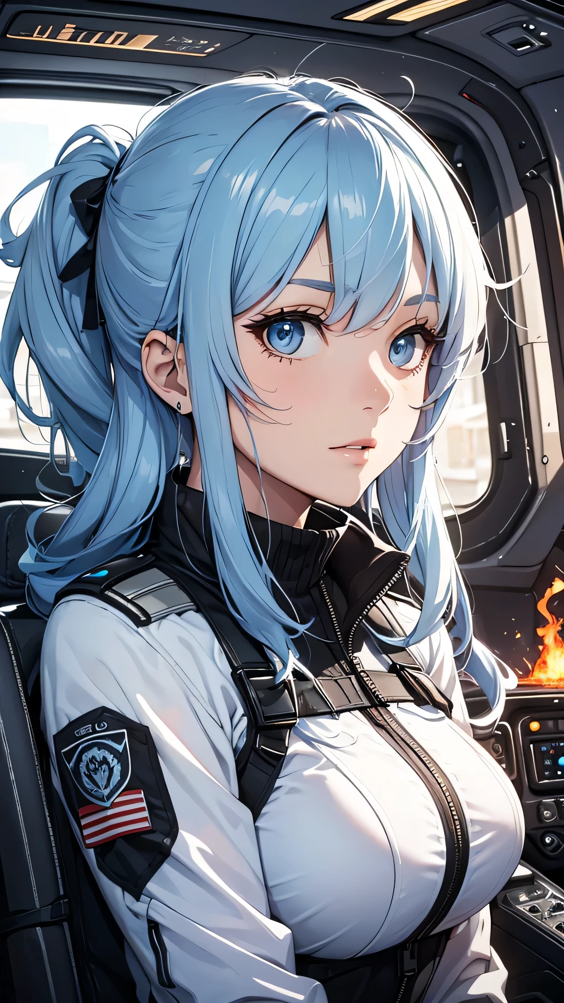 最high quality、best image quality、masterpiece、teenage girl((20-year-old、 By becoming、vest bust、medium bust,wide open breast tea、shining eyes, light blue hair、long hair、thin,highest valley、ponytail、black pilot suit、panicked face)),high quality、beautiful art、background((Inside the cockpit、spark、up in flames))、Flight、debris flies、Depth of written boundary、movie、visual art、perfect art、8k,genuine、