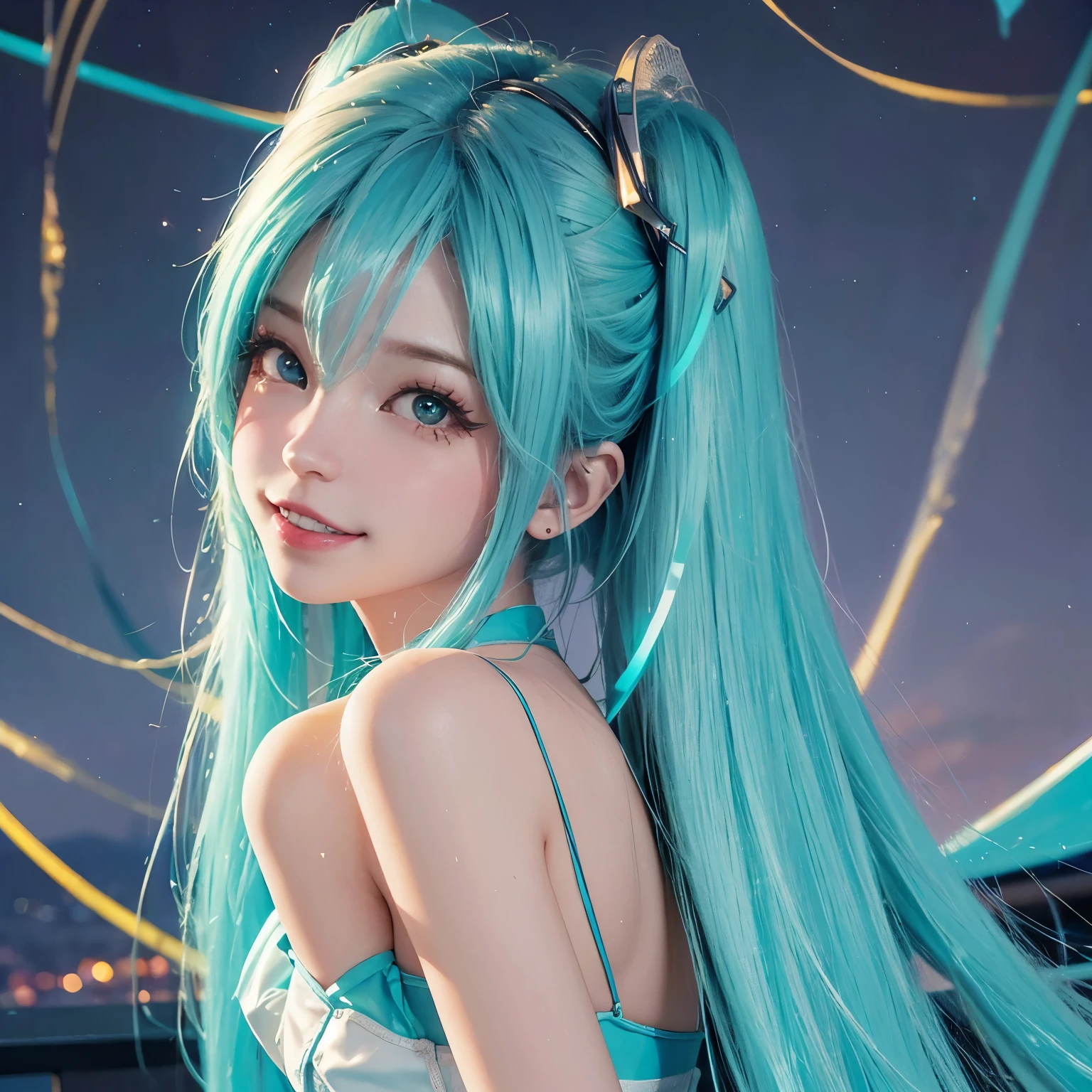 Belledel, sardas,
Cabelo azul claro, magrelo, sorridente,  Quarto, Neon lighting, noite, cabelo da Hatsune Miku