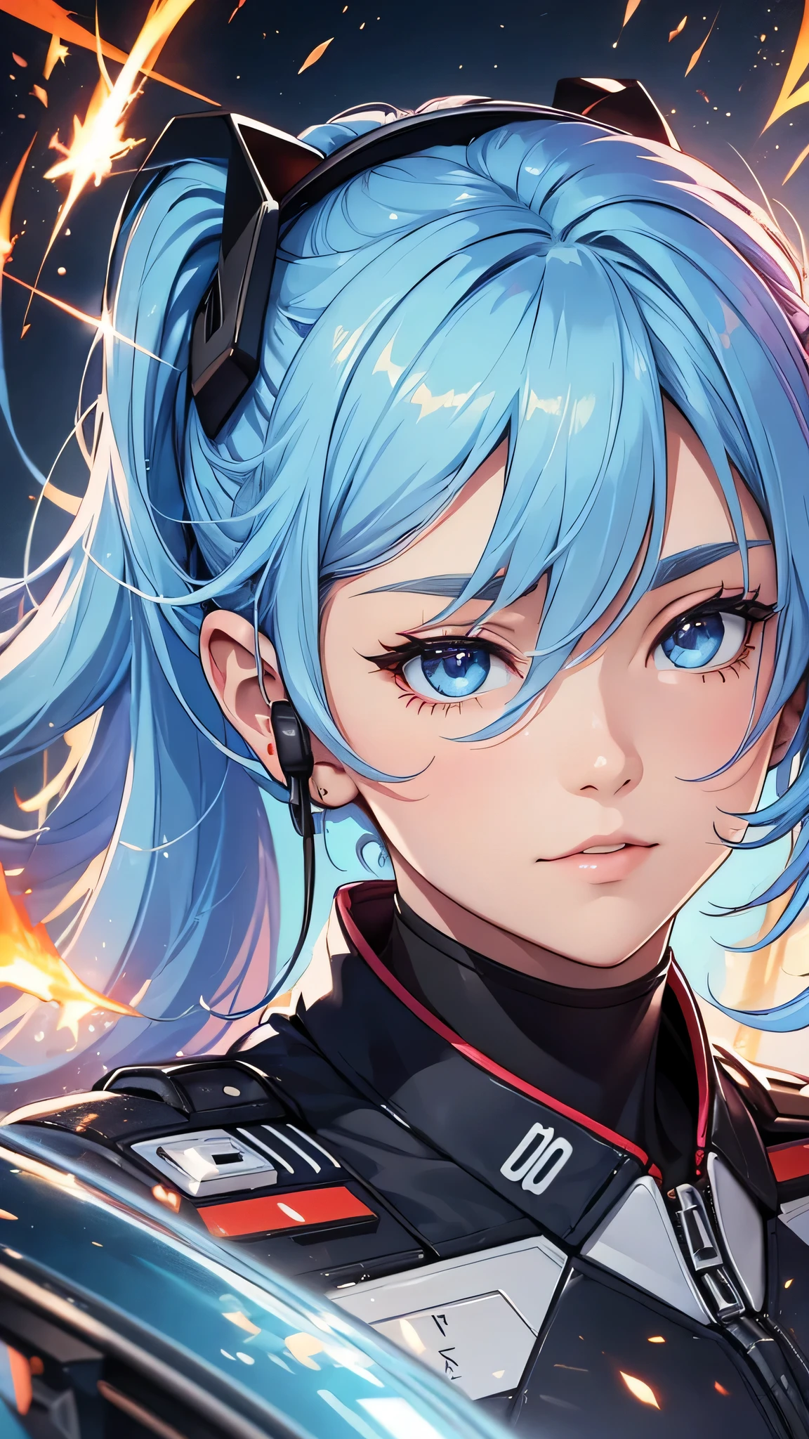最high quality、best image quality、masterpiece、teenage girl((20-year-old、 By becoming、vest bust、medium bust,wide open breast tea、shining eyes, light blue hair、long hair、thin,highest valley、ponytail、black pilot suit、panicked face)),high quality、beautiful art、background((Inside the cockpit、spark、up in flames))、Flight、debris flies、Depth of written boundary、movie、visual art、perfect art、8k,genuine、