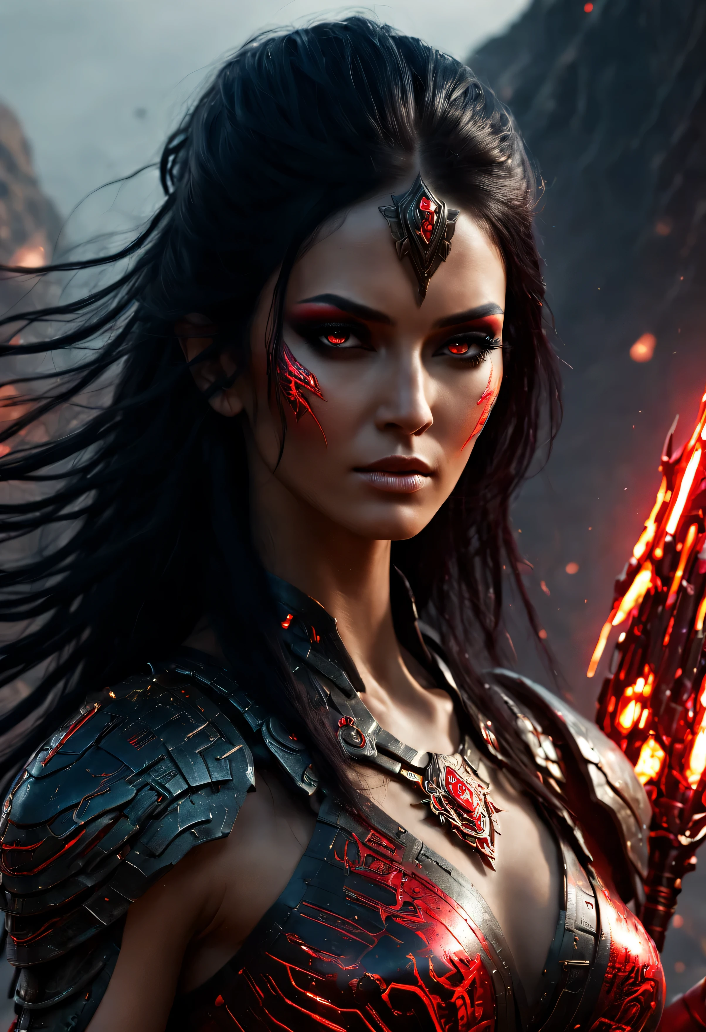 (ultra-realistic),mix of fantasy and dark sci-fi, ultra-realistic photo, ancient woman,  25 years old, strong, beautyfull ancient goddess of war in futuristic world, glowin eyes, long black hair with red highlights combed strongly back, a few strands fall on the face. She's wearing transparent tunic and light armor, dangerous and angry look, beautifull long legs. magical glowing tattoos on neck and arms. little Dark makeup. red and black and gold ornaments, powerfull, magical, stands in a dynamic action pose on clif inbmiuntains. she hold big spear. imersive background with alien Water planet and city landscape, film grain, depth of field, HDR, RAW photo, best quality, masterpieces, Cinematic, Cinematic Shot, Cinematic Lighting