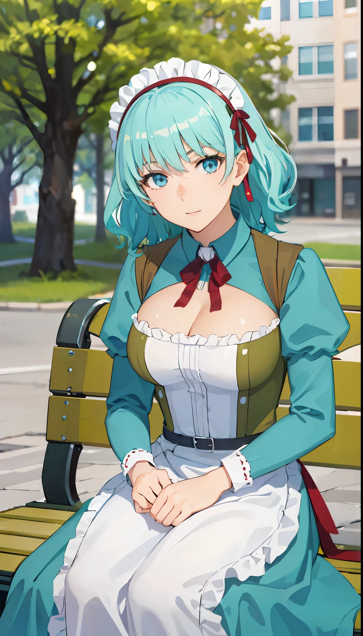 photorealistic, (4k), depth of field, (Masterpiece), (realistic skin texture), extremely detailed, intricate, hyper detailed, professional photography, bokeh, high resolution, sharp detail, best quality, girl, aqua hair, blue eyes, aqua maid dress, maid headdress, frills, apron, . dynamic pose, (lying on side),   outdoors, park, light rays, grass, (park bench:1.3),