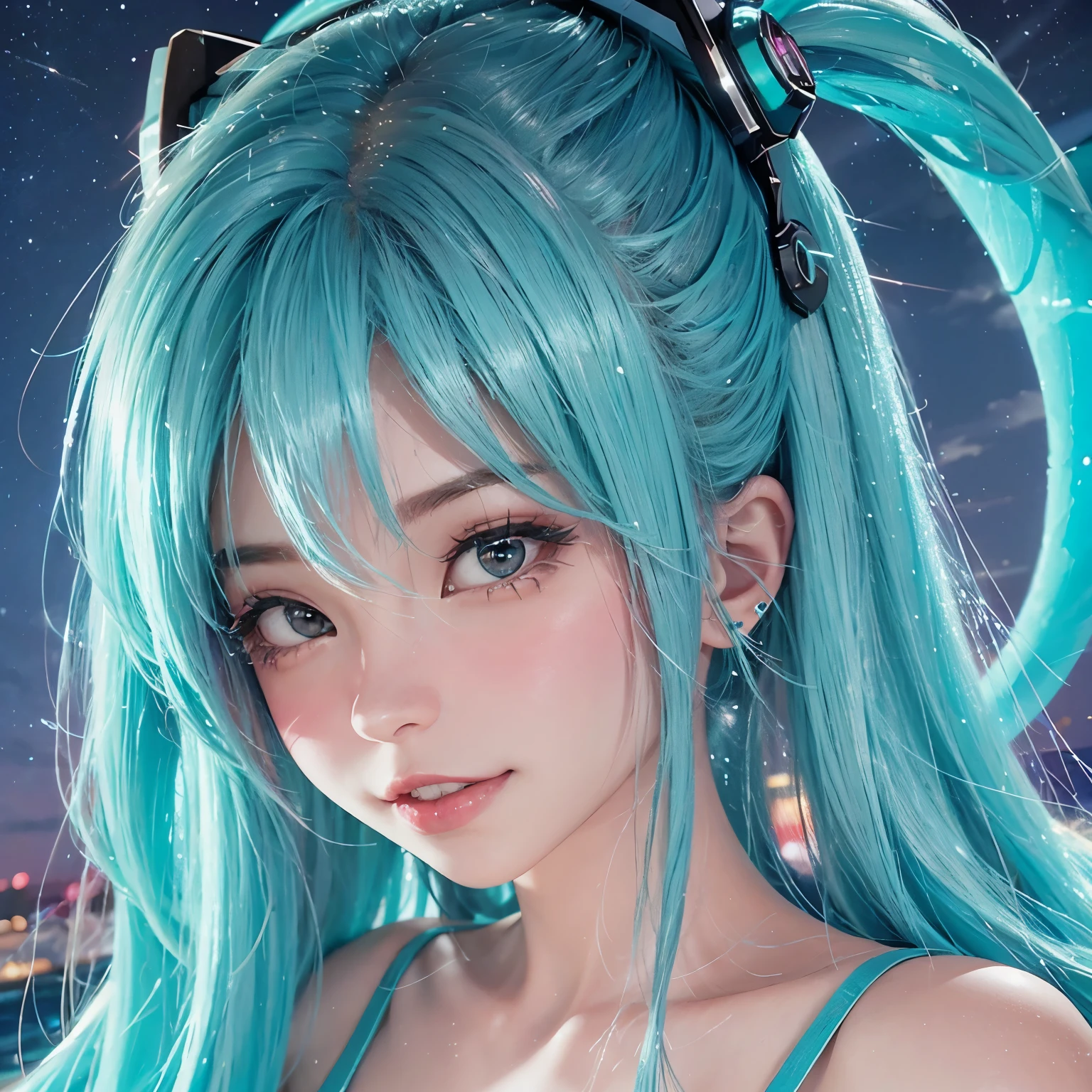 Belledel, sardas,
Cabelo azul claro, magrelo, sorridente,  Quarto, Neon lighting, noite, cabelo da Hatsune Miku