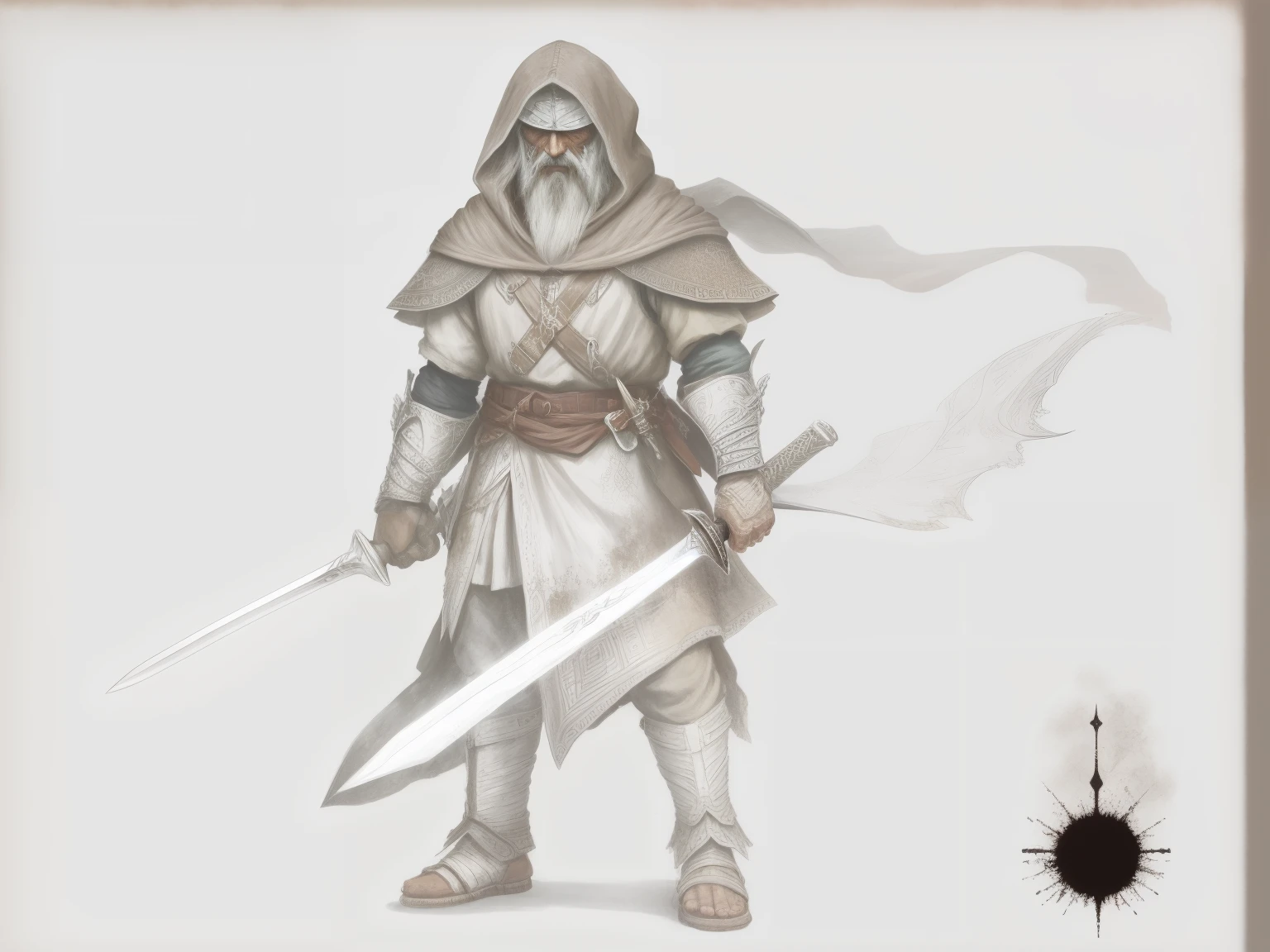 Old warrior wearing a brown hood,beautiful sword,