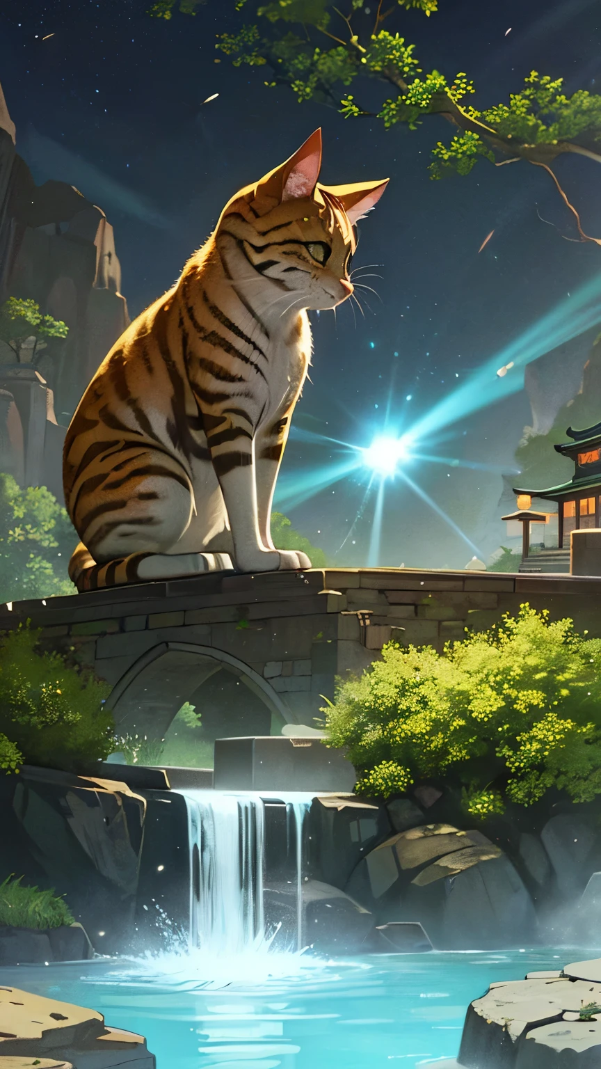 An ancient cat god temple meteor Beautiful Light Lightの柱 green water cloud mysterious high resolution Different world