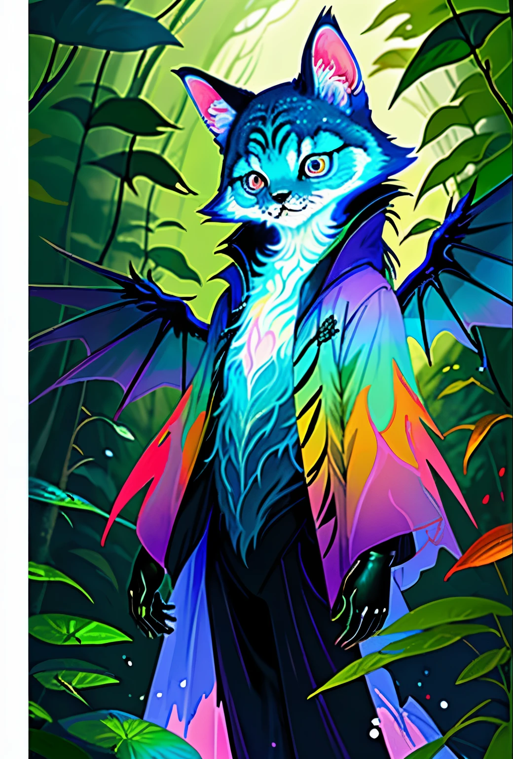 Mysterious creatures in a colorful forest - In a forest filled with bright colors、Expresses how mysterious imaginary creatures live。This creature is、Having wings that emit light and multiple eyes, etc.、Has fantastic features。
