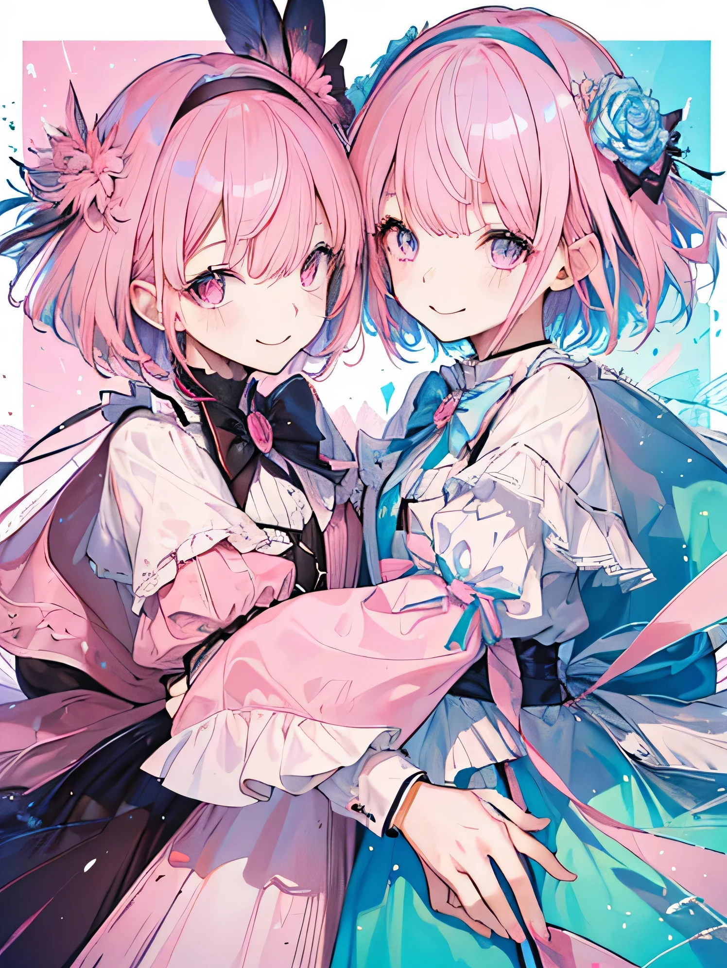 ((masterpiece, Super detailed, high quality, eye details, sparkling eyes)), two people, brother and sister take a photo together, ((My brother's height is 178 cm., pink hair, short hair down in front, habitually scatter, pink and purple eyes, neutral face, flat chest, nice, No expression, clear eyey sister's height is 163 cm, pink hair, short hair down in front, fluffy, Light blue and pink eyes, smile)).