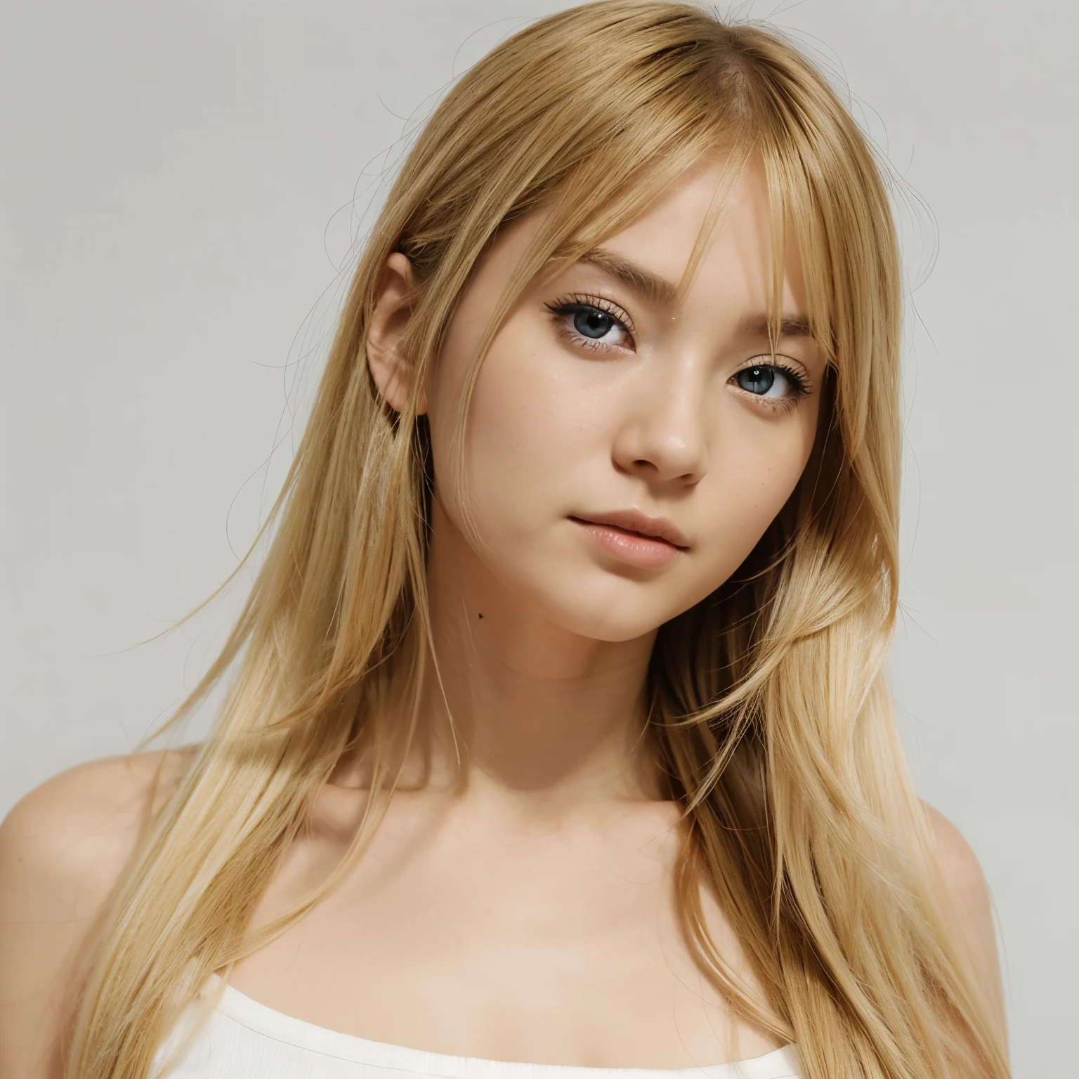 Japanese cartoons, Face, blonde hair, blue eyes, long hair, White background,